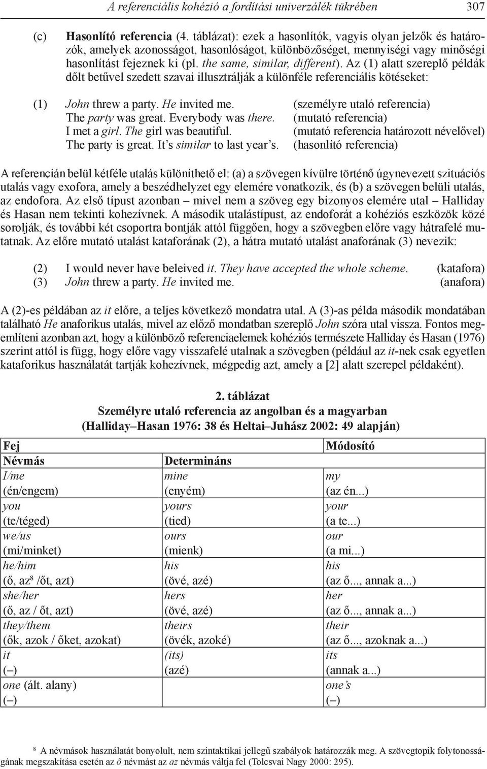 Az (1) alatt szereplő példák dőlt betűvel szedett szavai illusztrálják a különféle referenciális kötéseket: (1) John threw a party. He invited me. (személyre utaló referencia) The party was great.