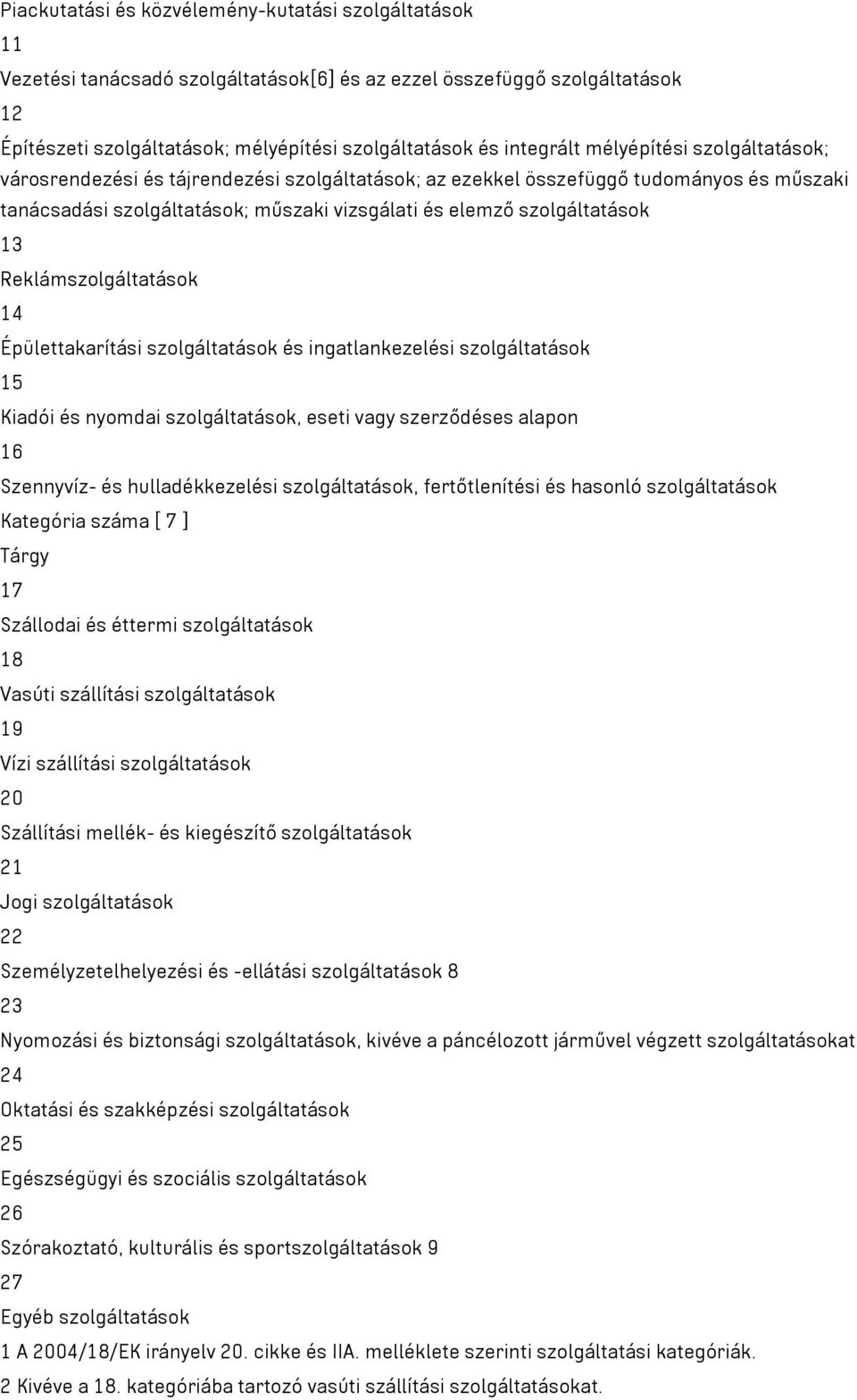 Reklámszolgáltatások 14 Épülettakarítási szolgáltatások és ingatlankezelési szolgáltatások 15 Kiadói és nyomdai szolgáltatások, eseti vagy szerződéses alapon 16 Szennyvíz- és hulladékkezelési