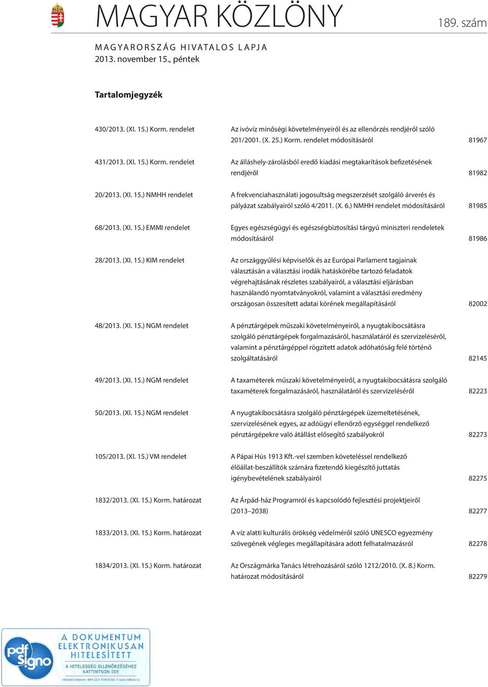 rendelet módosításáról 81967 431/2013. (XI. 15.) Korm. rendelet Az álláshely-zárolásból eredő kiadási megtakarítások befizetésének rendjéről 81982 20/2013. (XI. 15.) NMHH rendelet A frekvenciahasználati jogosultság megszerzését szolgáló árverés és pályázat szabályairól szóló 4/2011.