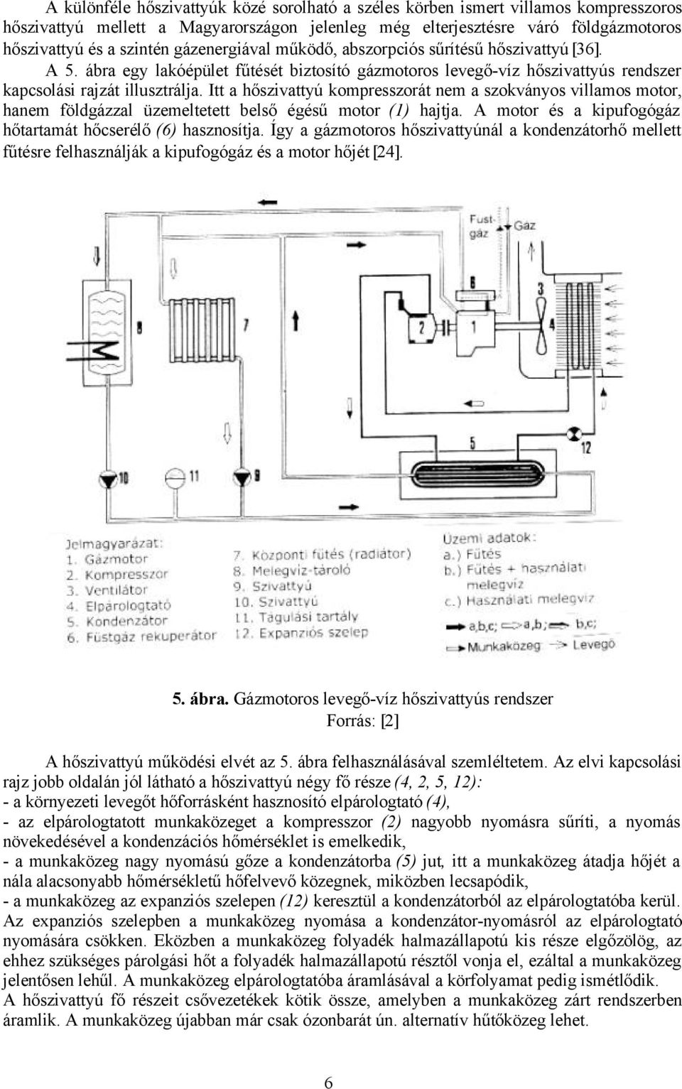 Itt a hőszivattyú kompresszorát nem a szokványos villamos motor, hanem földgázzal üzemeltetett belső égésű motor (1) hajtja. A motor és a kipufogógáz hőtartamát hőcserélő (6) hasznosítja.