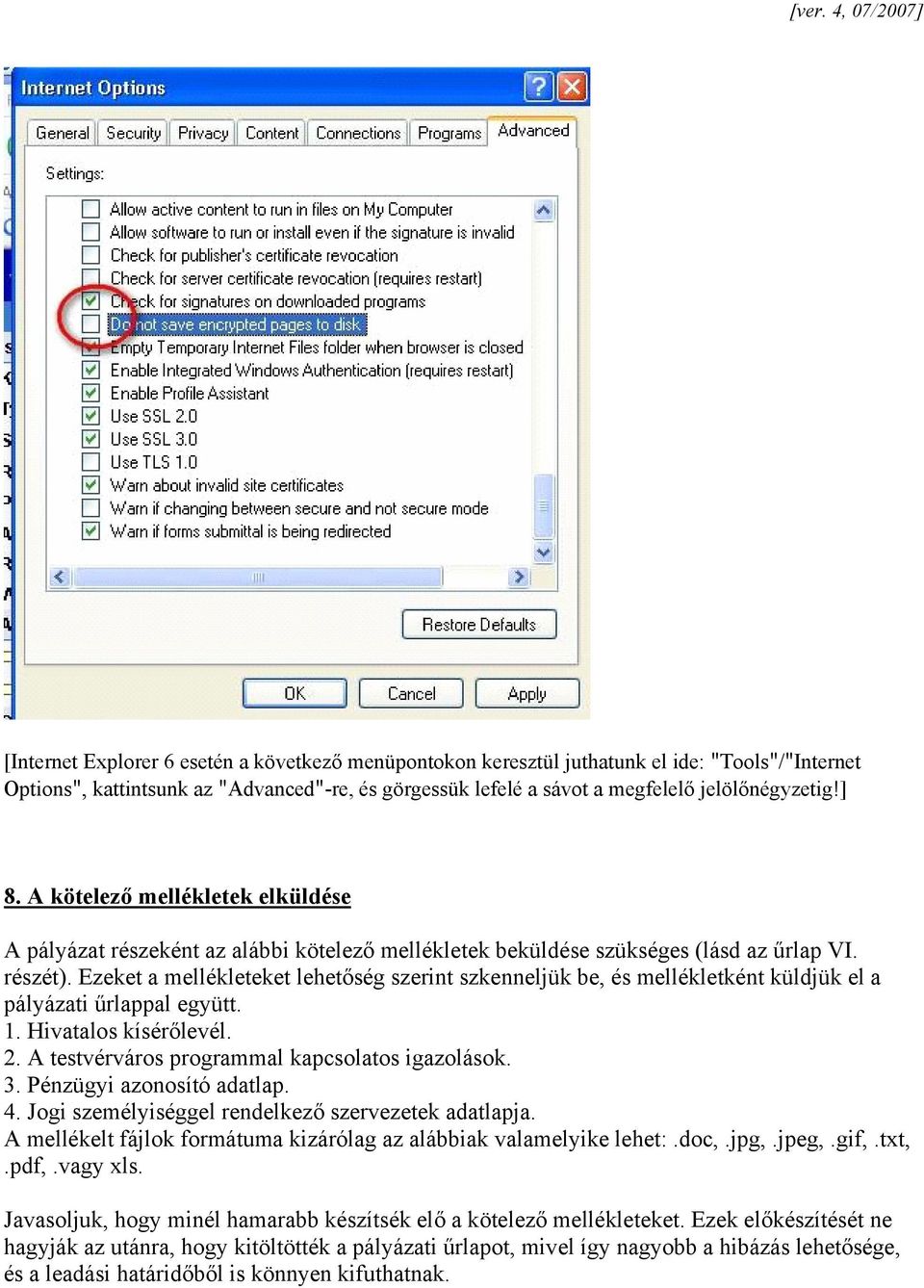 Ezeket a mellékleteket lehetőség szerint szkenneljük be, és mellékletként küldjük el a pályázati űrlappal együtt. 1. Hivatalos kísérőlevél. 2. A testvérváros programmal kapcsolatos igazolások. 3.