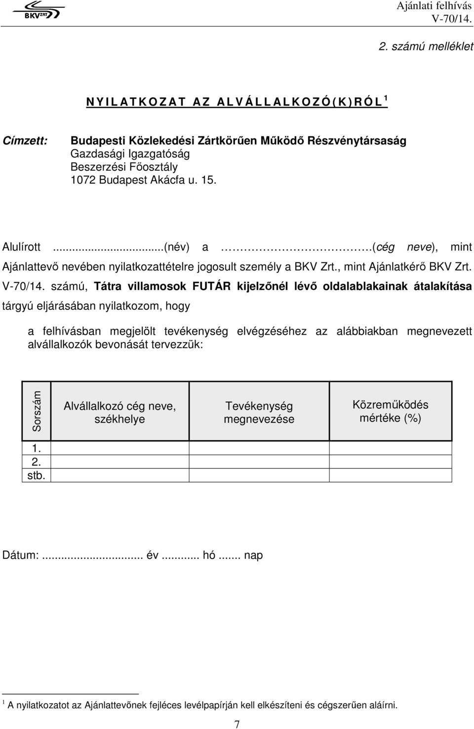 számú, Tátra villamosok FUTÁR kijelzőnél lévő oldalablakainak átalakítása tárgyú eljárásában nyilatkozom, hogy a felhívásban megjelölt tevékenység elvégzéséhez az alábbiakban megnevezett