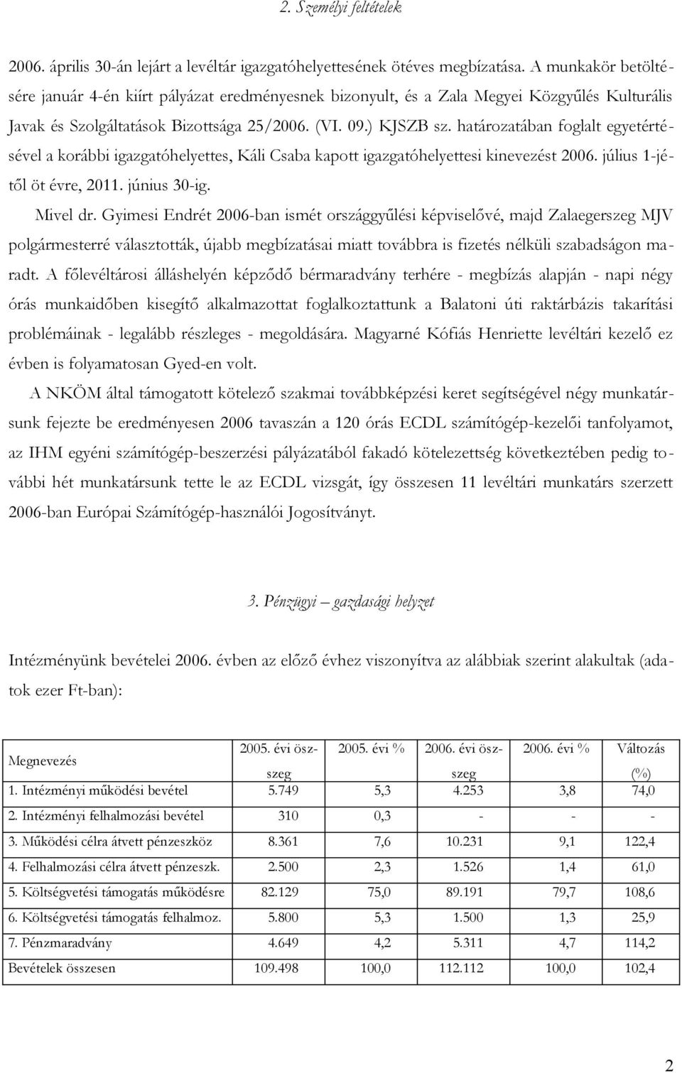 határozatában foglalt egyetértésével a korábbi igazgatóhelyettes, Káli Csaba kapott igazgatóhelyettesi kinevezést 2006. július 1-jétől öt évre, 2011. június 30-ig. Mivel dr.