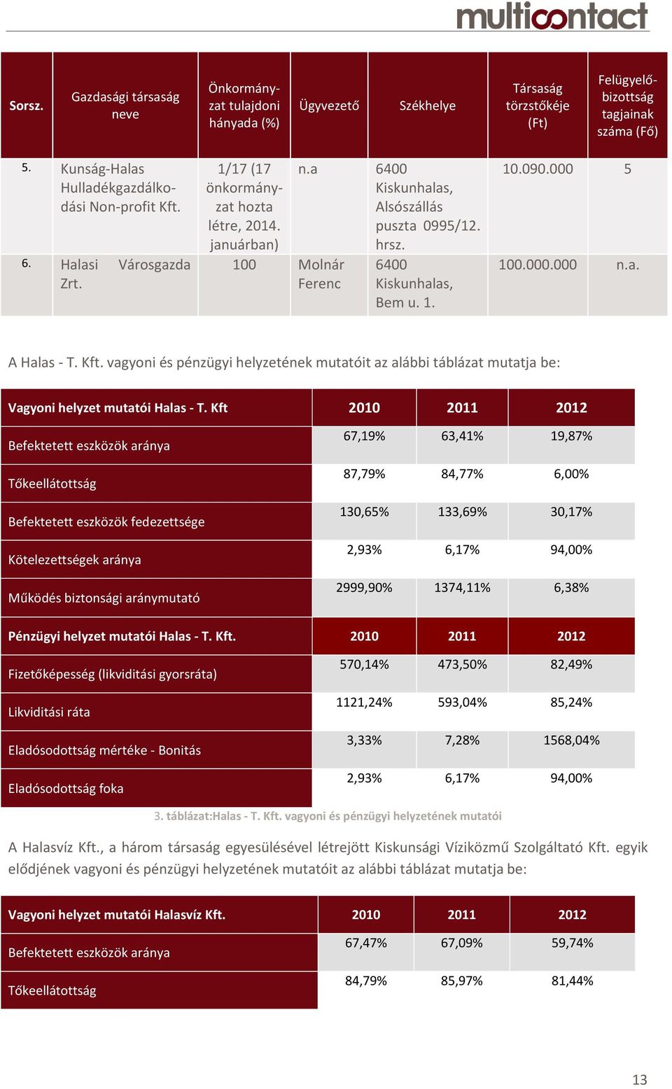 hrsz. 6400 Kiskunhalas, Bem u. 1. 10.090.000 5 100.000.000 n.a. A Halas - T. Kft. vagyoni és pénzügyi helyzetének mutatóit az alábbi táblázat mutatja be: Vagyoni helyzet mutatói Halas - T.