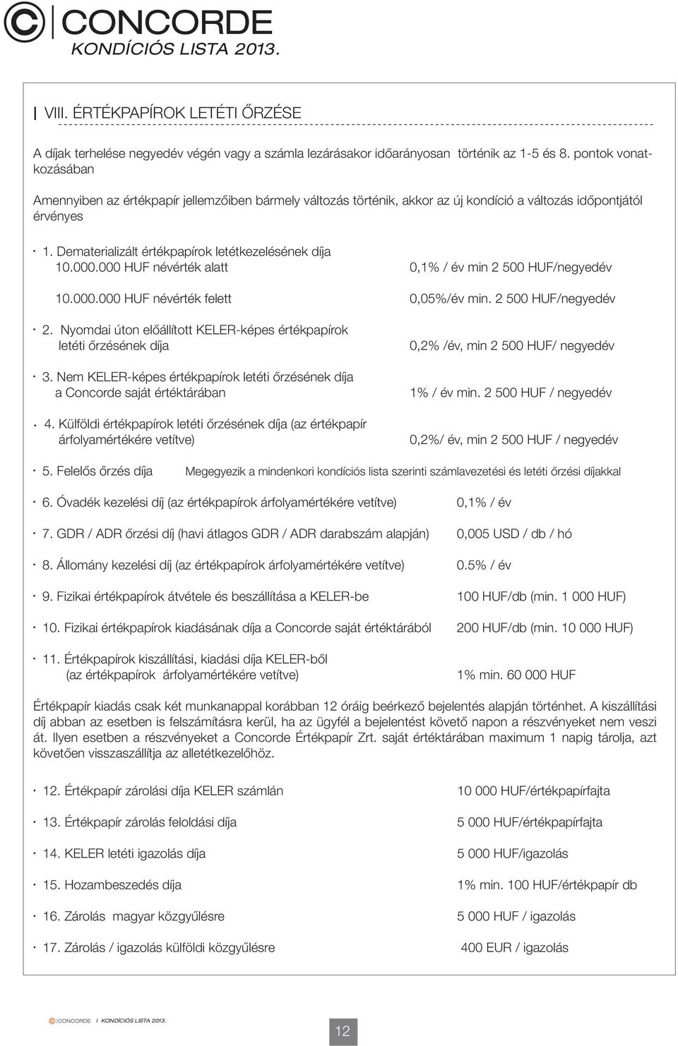 . névérték alatt, / év min 2 5 /negyedév 1.. névérték felett,5%/év min. 2 5 /negyedév 2. Nyomdai úton előállított KELERképes értékpapírok letéti őrzésének díja 3.