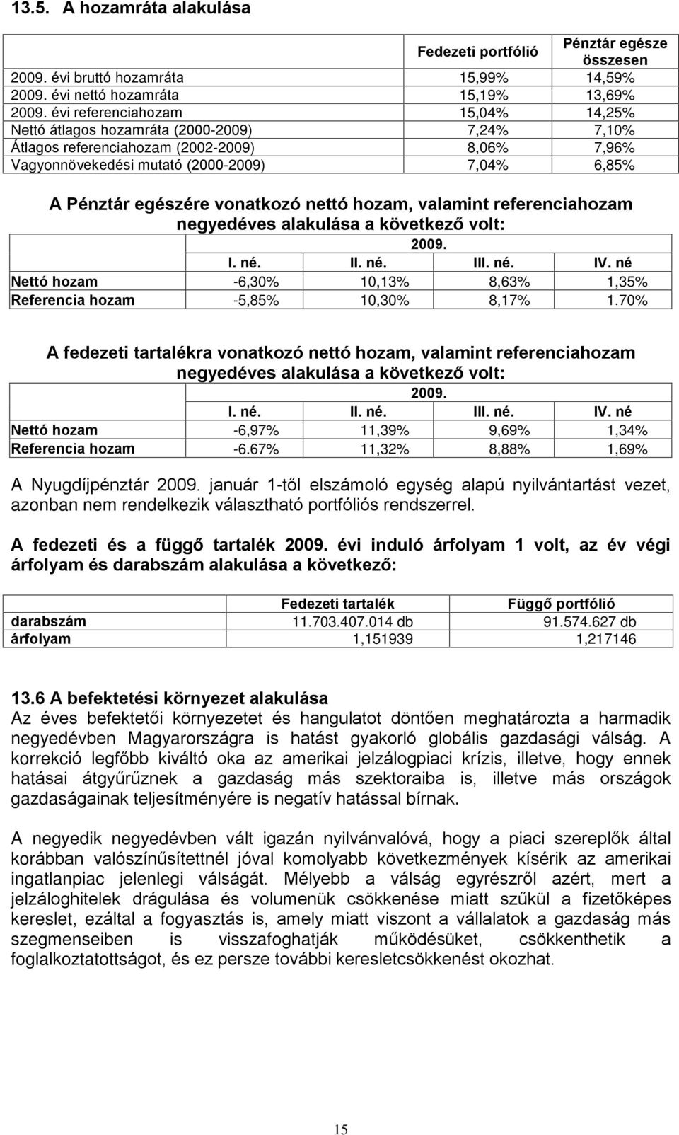 vonatkozó nettó hozam, valamint referenciahozam negyedéves alakulása a következõ volt: 2009. I. né. II. né. III. né. IV.