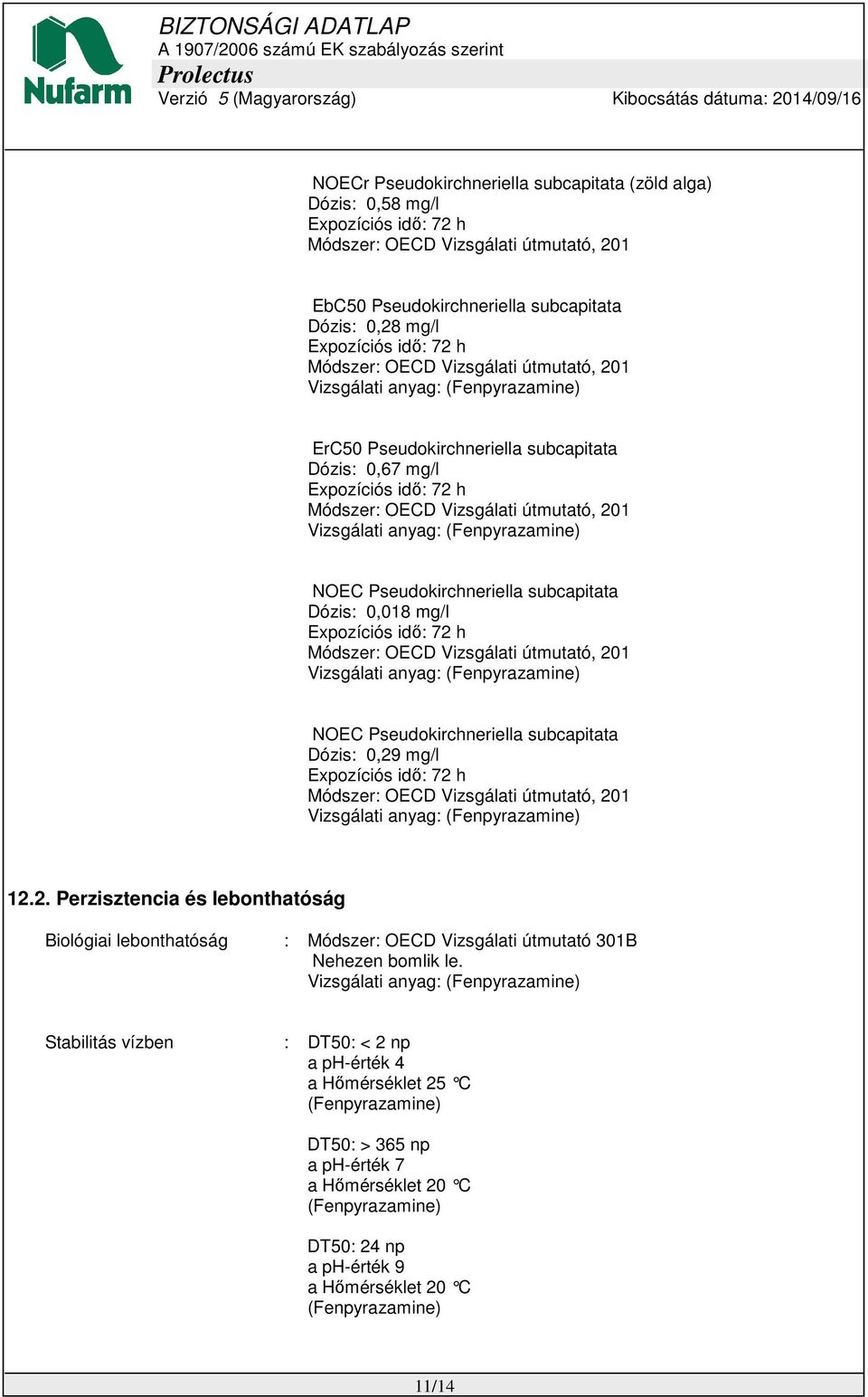 mg/l 12.2. Perzisztencia és lebonthatóság Biológiai lebonthatóság : Módszer: OECD Vizsgálati útmutató 301B Nehezen bomlik le.