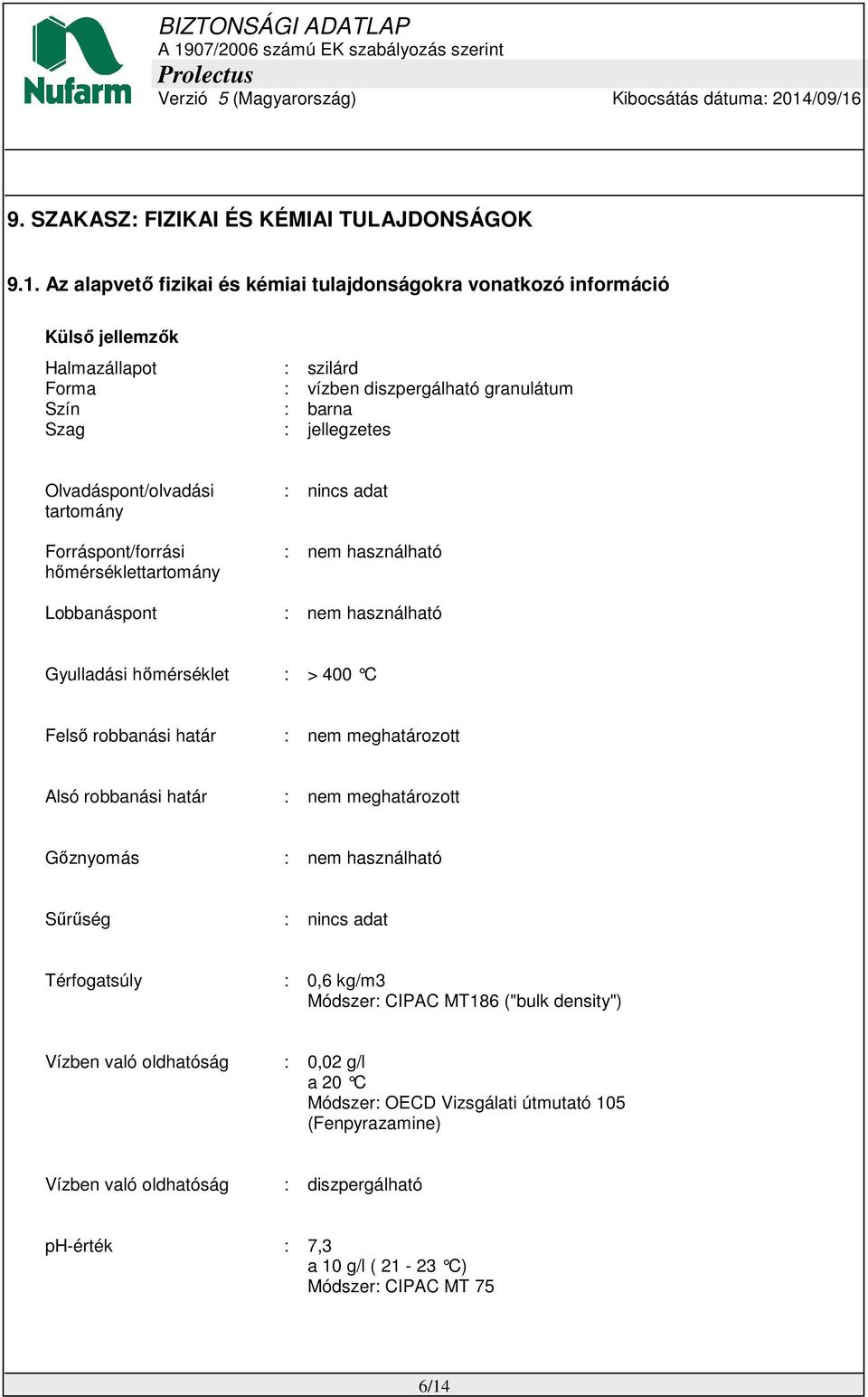 Olvadáspont/olvadási tartomány Forráspont/forrási hőmérséklettartomány : nincs adat : nem használható Lobbanáspont : nem használható Gyulladási hőmérséklet : > 400 C Felső robbanási határ : nem