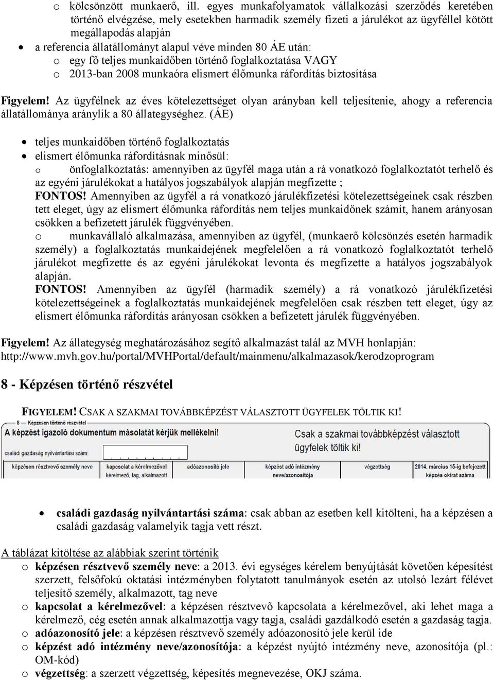 alapul véve minden 80 ÁE után: o egy fő teljes munkaidőben történő foglalkoztatása VAGY o 2013-ban 2008 munkaóra elismert élőmunka ráfordítás biztosítása Figyelem!