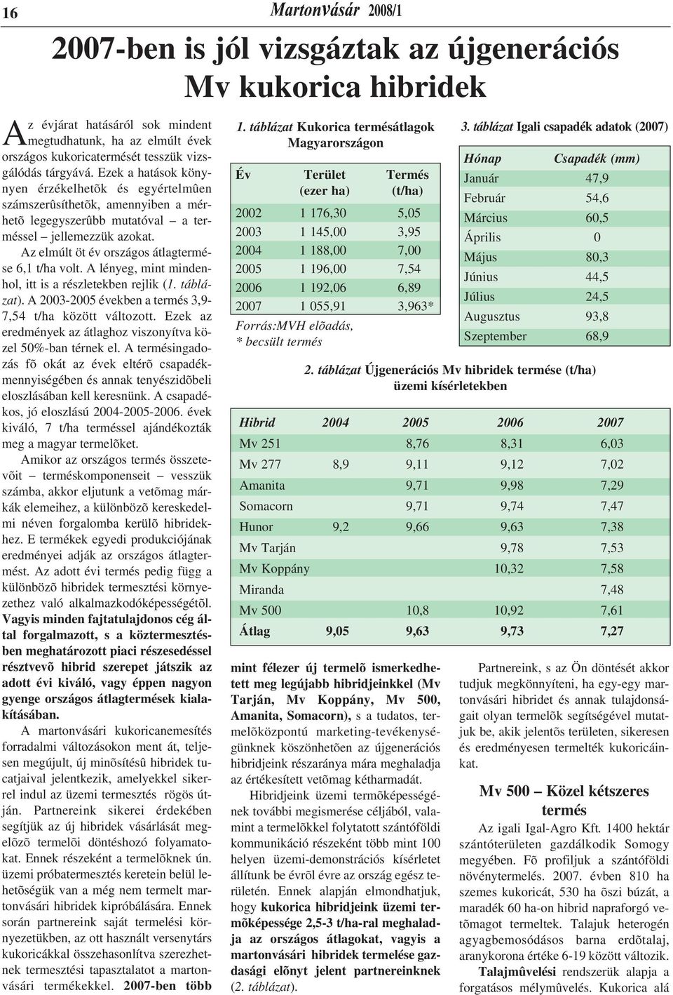 Az elmúlt öt év országos átlagtermése 6,1 t/ha volt. A lényeg, mint mindenhol, itt is a részletekben rejlik (1. táblázat). A 2003-2005 években a termés 3,9-7,54 t/ha között változott.