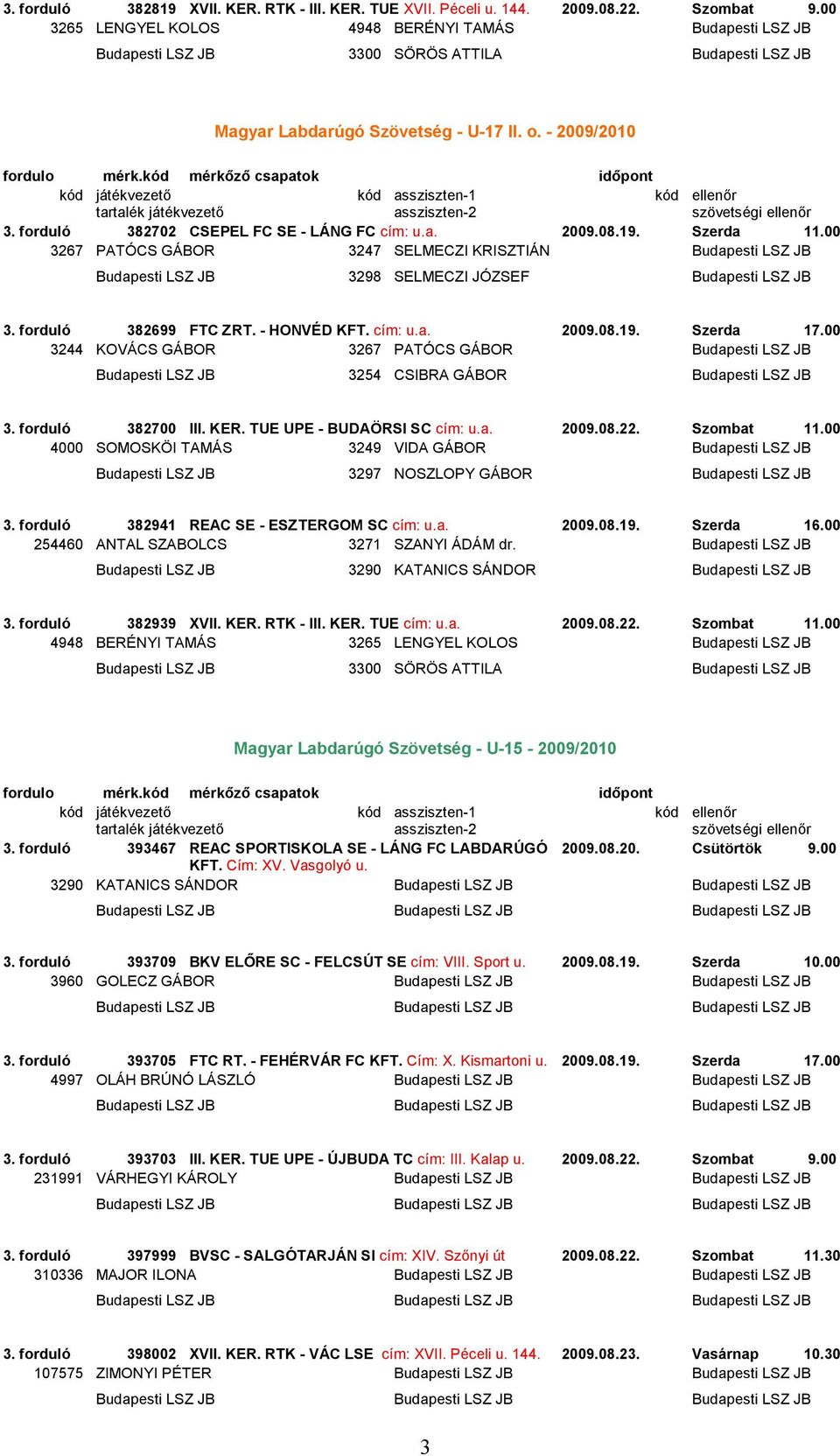 forduló 382702 CSEPEL FC SE - LÁNG FC cím: u.a. 2009.08.19. Szerda 11.00 3267 PATÓCS GÁBOR 3247 SELMECZI KRISZTIÁN Budapesti LSZ JB 3. forduló 382699 FTC ZRT. - HONVÉD KFT. cím: u.a. 2009.08.19. Szerda 17.