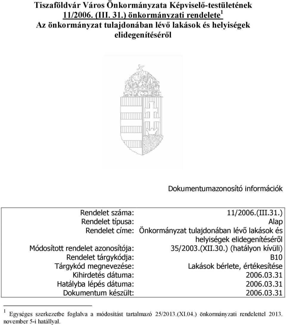 ) Rendelet típusa: Alap Rendelet címe: Önkormányzat tulajdonában lévő lakások és helyiségek elidegenítéséről Módosított rendelet azonosítója: 35/2003.(XII.30.