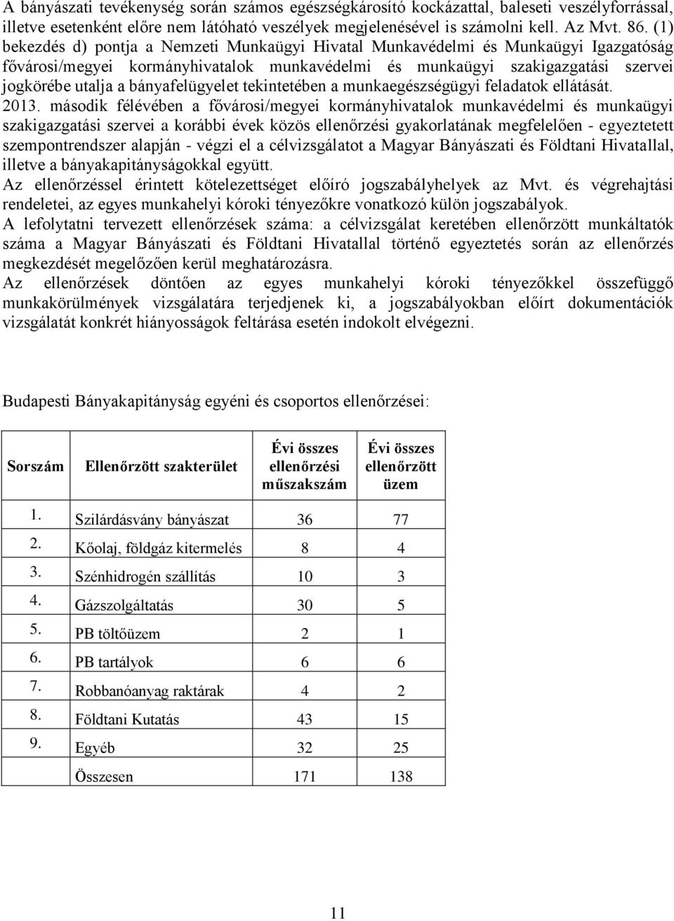 bányafelügyelet tekintetében a munkaegészségügyi feladatok ellátását. 2013.