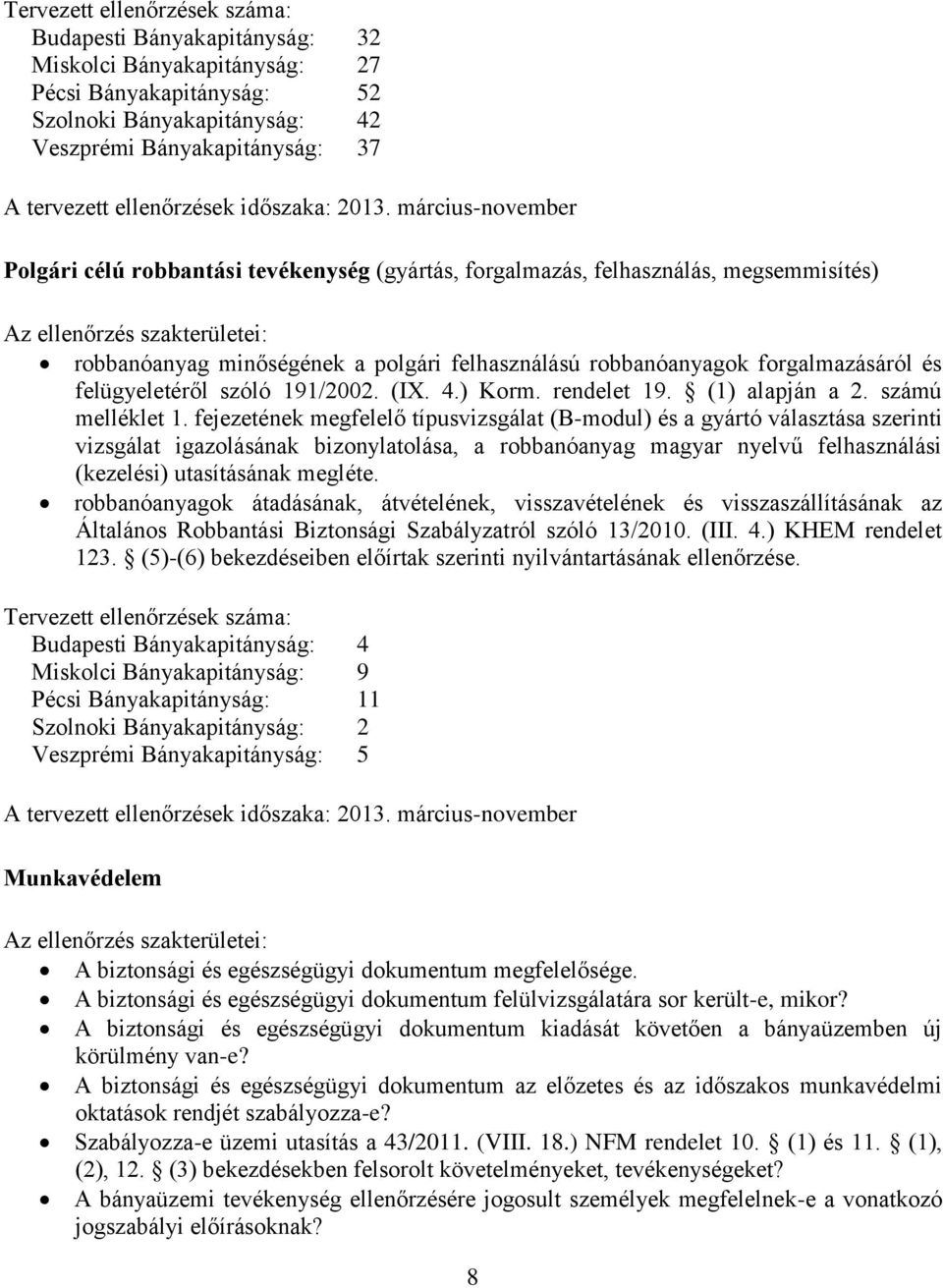 március-november Polgári célú robbantási tevékenység (gyártás, forgalmazás, felhasználás, megsemmisítés) Az ellenőrzés szakterületei: robbanóanyag minőségének a polgári felhasználású robbanóanyagok