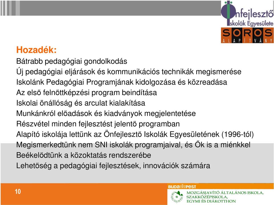 megjelentetése Részvétel minden fejlesztést jelentı programban Alapító iskolája lettünk az Önfejlesztı Iskolák Egyesületének (1996-tól)