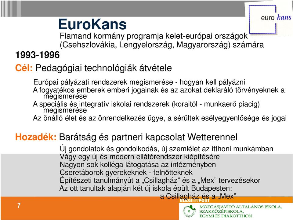 megismerése Az önálló élet és az önrendelkezés ügye, a sérültek esélyegyenlısége és jogai Hozadék: Barátság és partneri kapcsolat Wetterennel Új gondolatok és gondolkodás, új szemlélet az itthoni