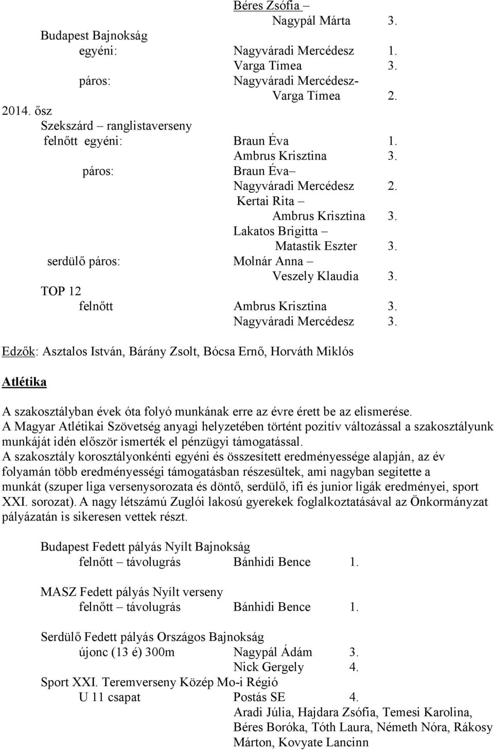 serdülő páros: Molnár Anna Veszely Klaudia 3. TOP 12 felnőtt Ambrus Krisztina 3. Nagyváradi Mercédesz 3.