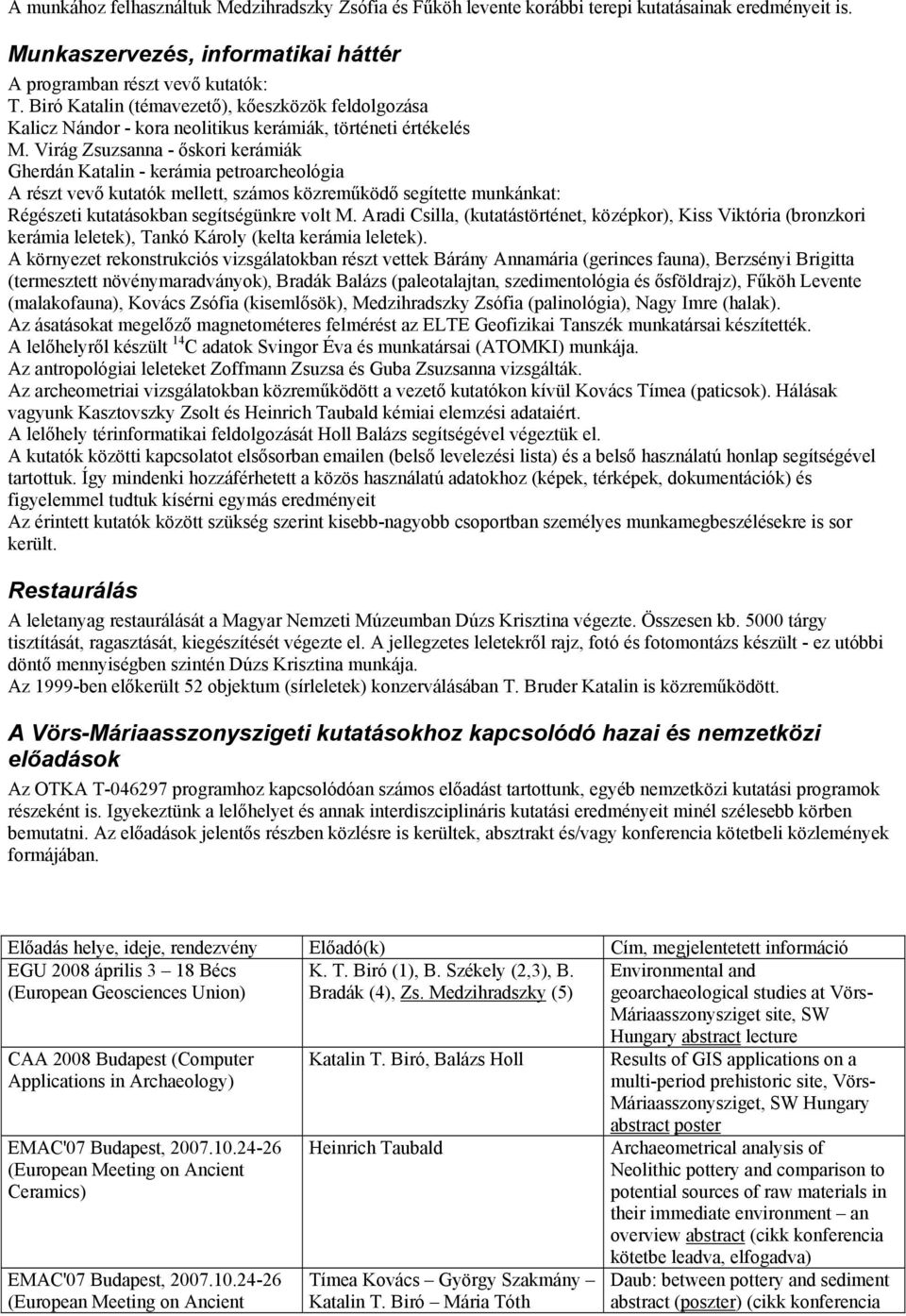 Virág Zsuzsanna - őskori kerámiák Gherdán Katalin - kerámia petroarcheológia A részt vevő kutatók mellett, számos közreműködő segítette munkánkat: Régészeti kutatásokban segítségünkre volt M.