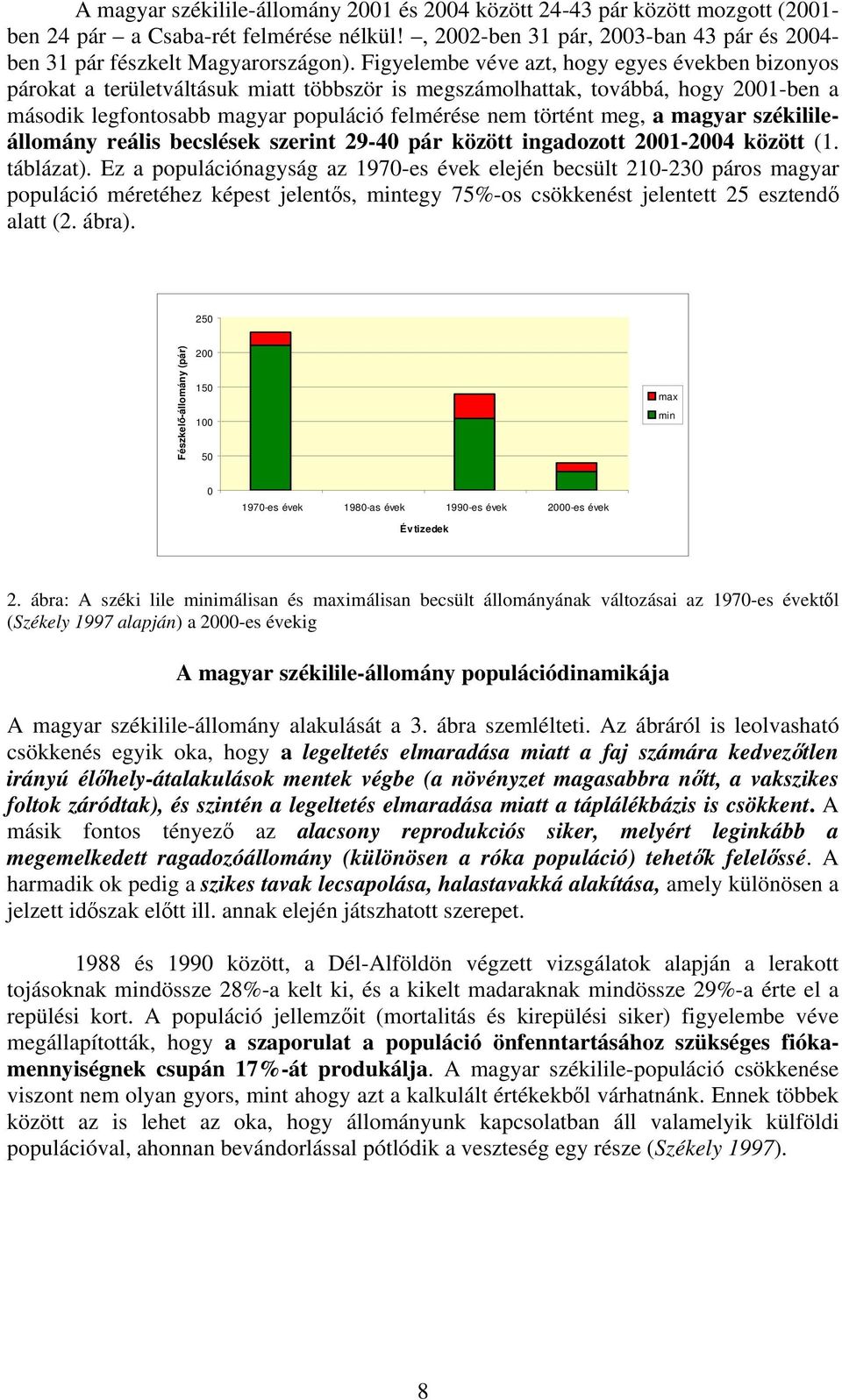 a magyar székilileállomány reális becslések szerint 29-40 pár között ingadozott 2001-2004 között (1. táblázat).