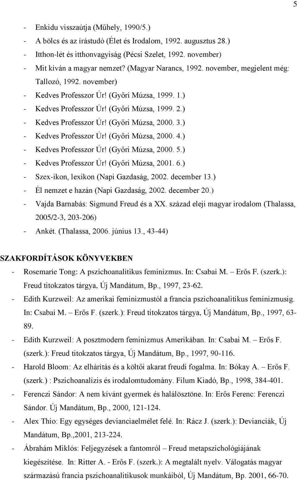 3.) - Kedves Professzor Úr! (Győri Múzsa, 2000. 4.) - Kedves Professzor Úr! (Győri Múzsa, 2000. 5.) - Kedves Professzor Úr! (Győri Múzsa, 2001. 6.) - Szex-ikon, lexikon (Napi Gazdaság, 2002.