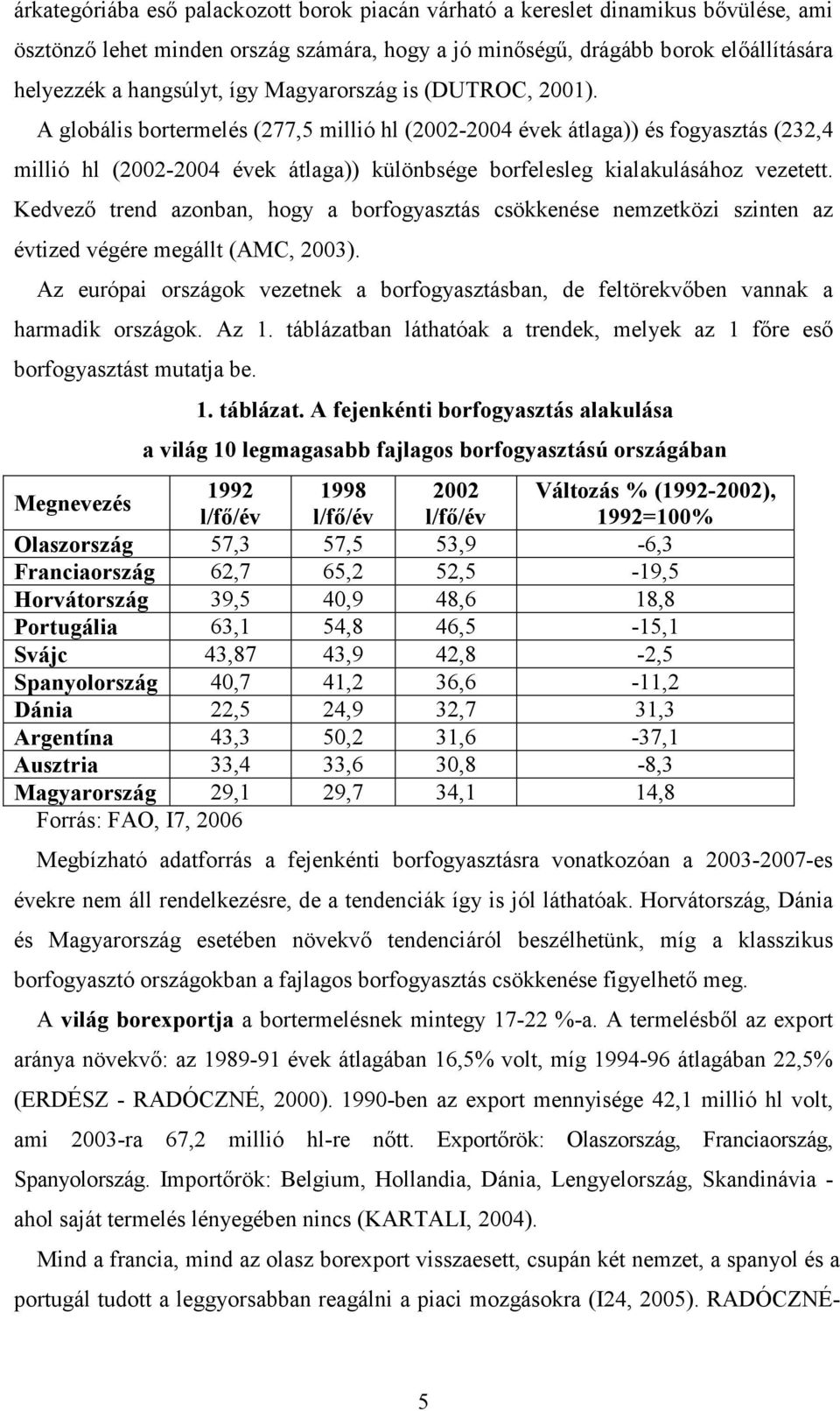 Kedvezı trend azonban, hogy a borfogyasztás csökkenése nemzetközi szinten az évtized végére megállt (AMC, 2003).