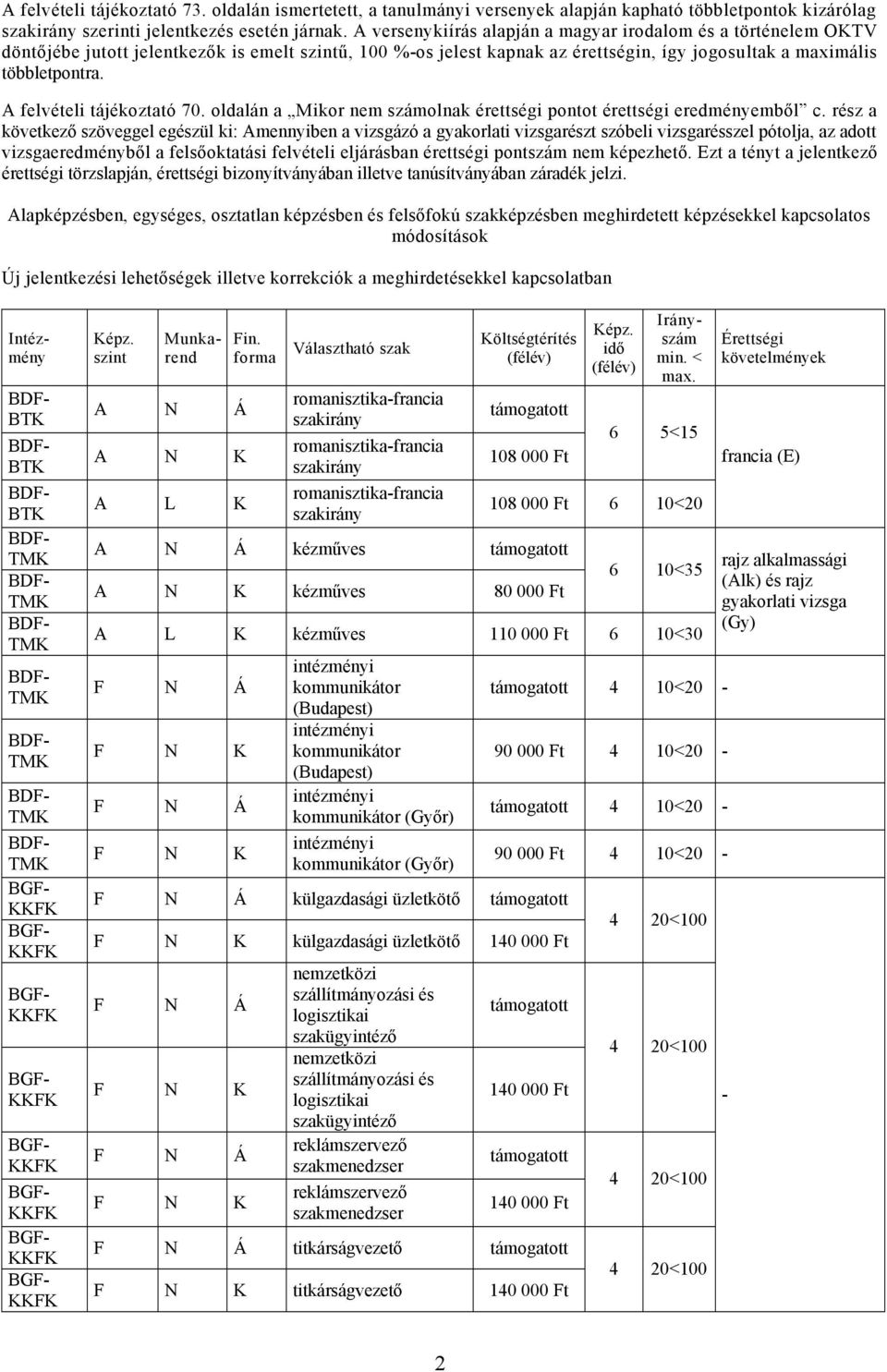 A felvételi tájékoztató 70. oldalán a Mikor nem számolnak érettségi pontot érettségi eredményemből c.