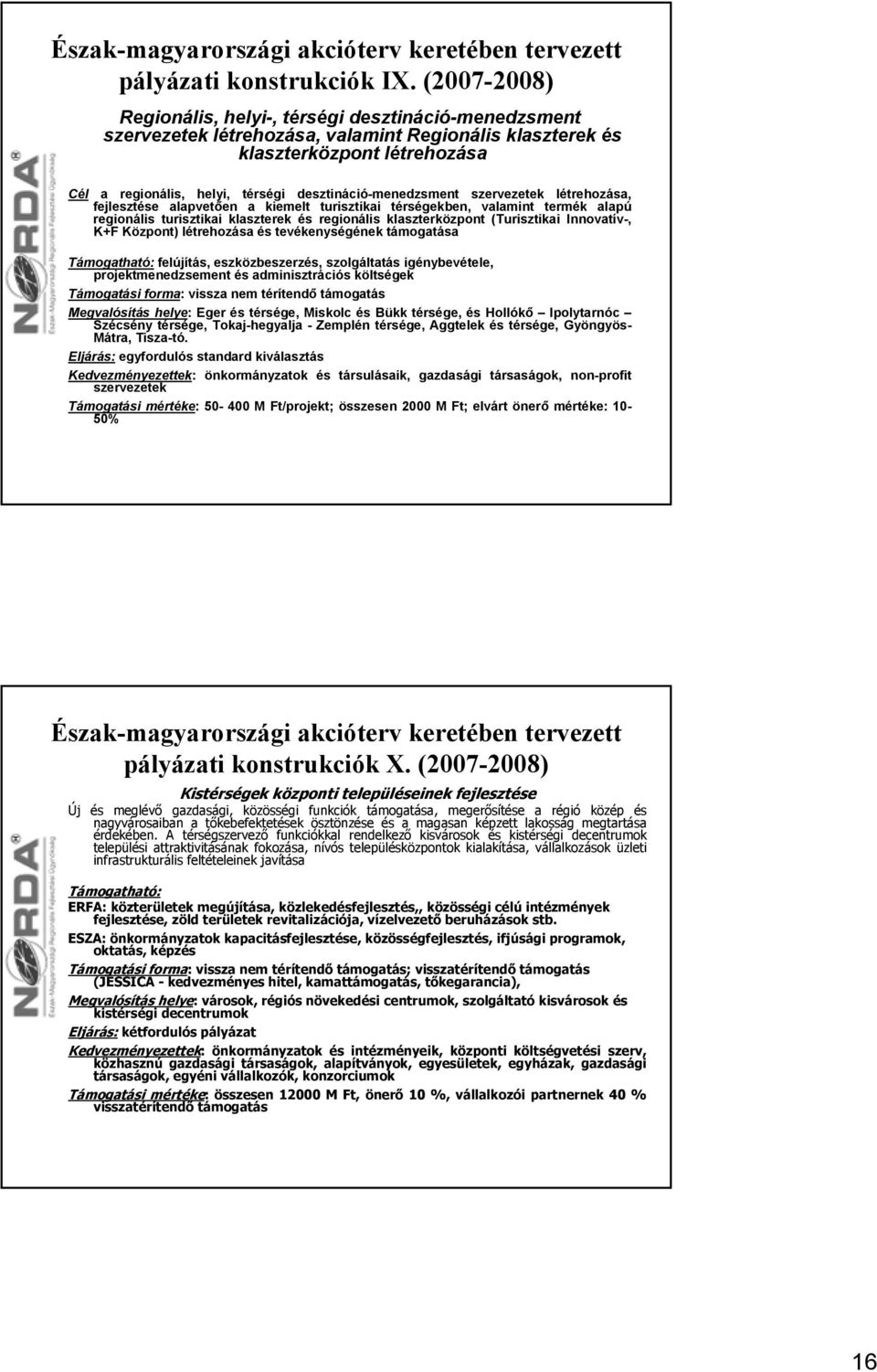 desztináció-menedzsment szervezetek létrehozása, fejlesztése alapvetően a kiemelt turisztikai térségekben, valamint termék alapú regionális turisztikai klaszterek és regionális klaszterközpont