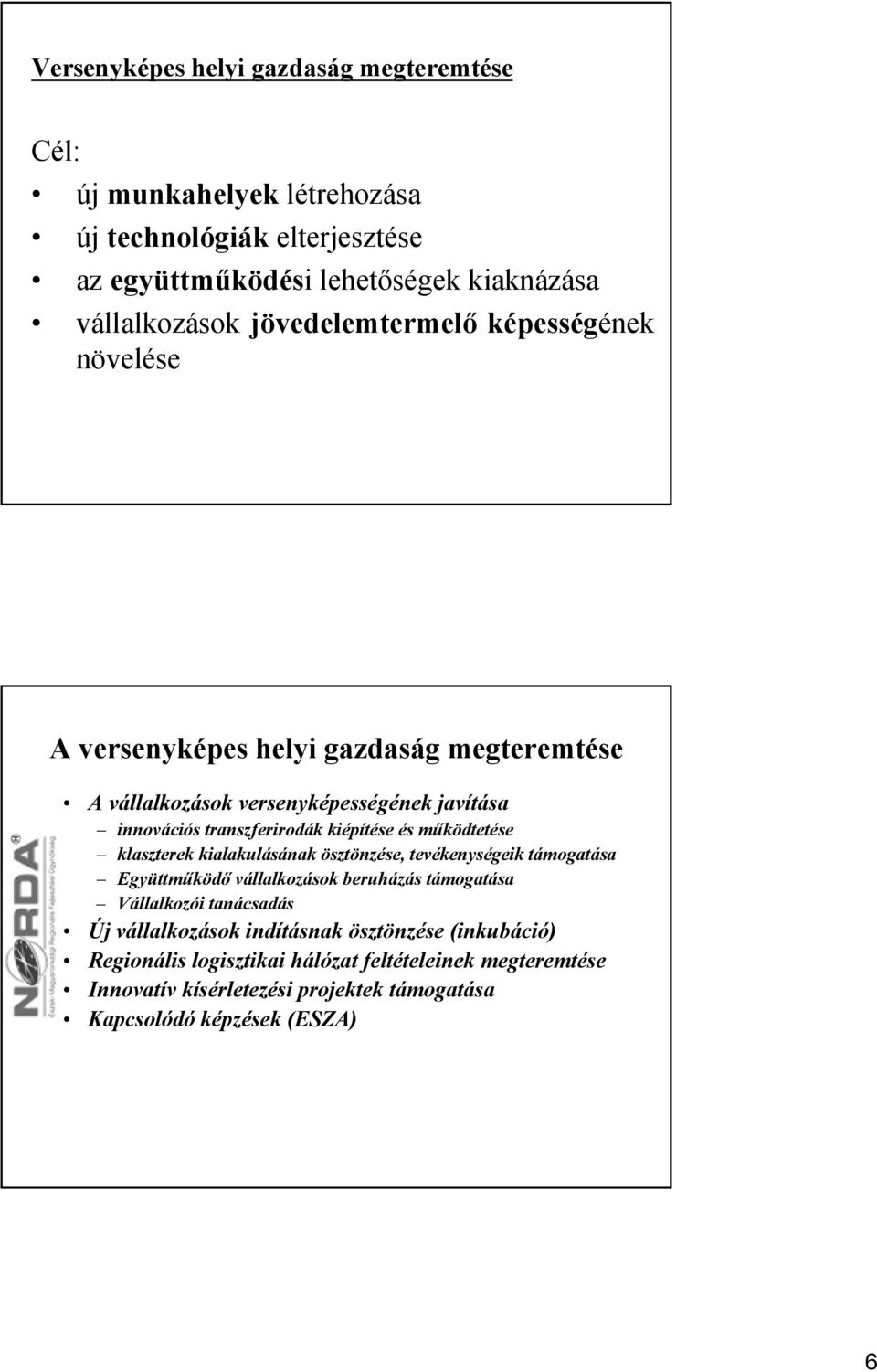 és működtetése klaszterek kialakulásának ösztönzése, tevékenységeik támogatása Együttműködő vállalkozások beruházás támogatása Vállalkozói tanácsadás Új