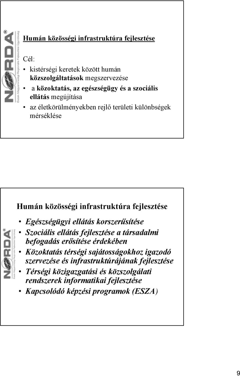 ellátás korszerűsítése Szociális ellátás fejlesztése a társadalmi befogadás erősítése érdekében Közoktatás térségi sajátosságokhoz igazodó