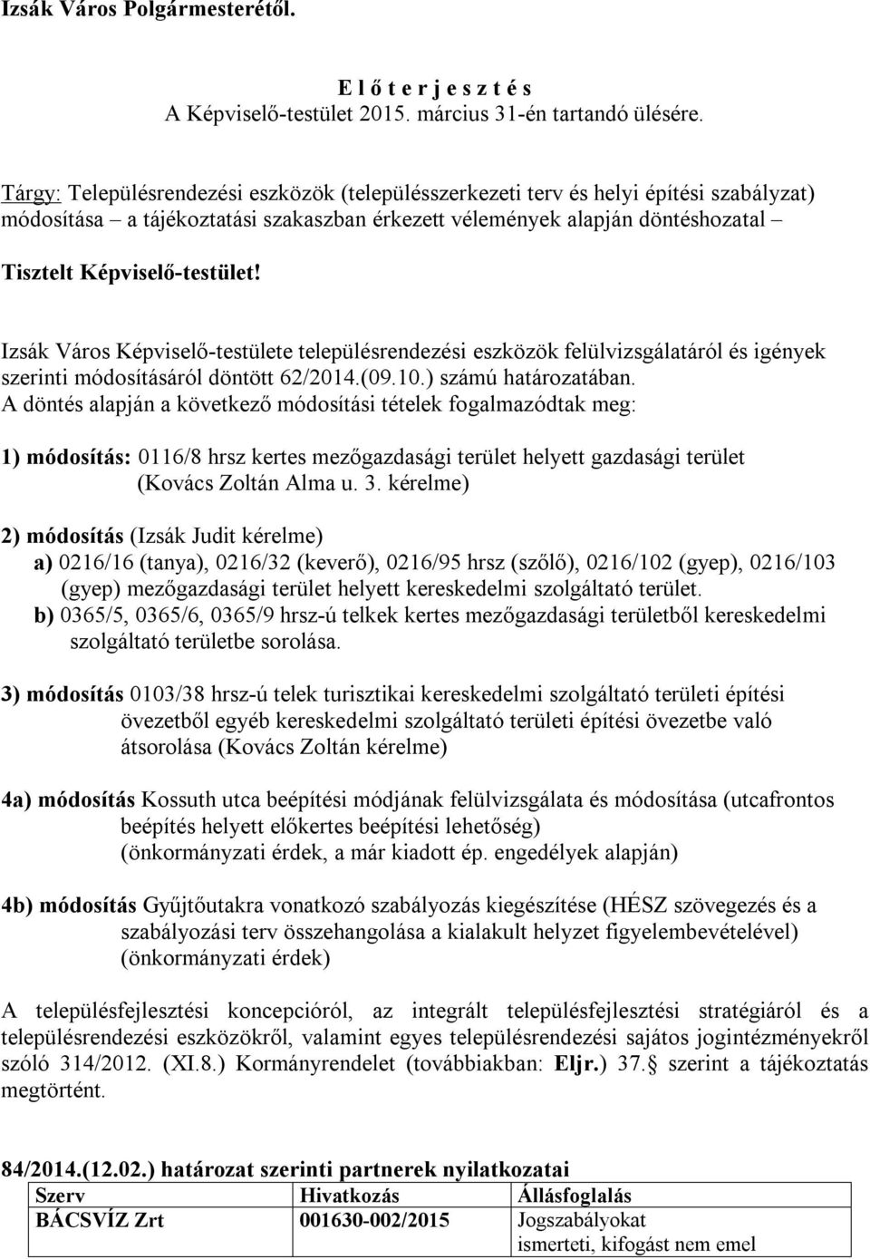 Izsák Város Képviselő-testülete településrendezési eszközök felülvizsgálatáról és igények szerinti módosításáról döntött 62/2014.(09.10.) számú határozatában.