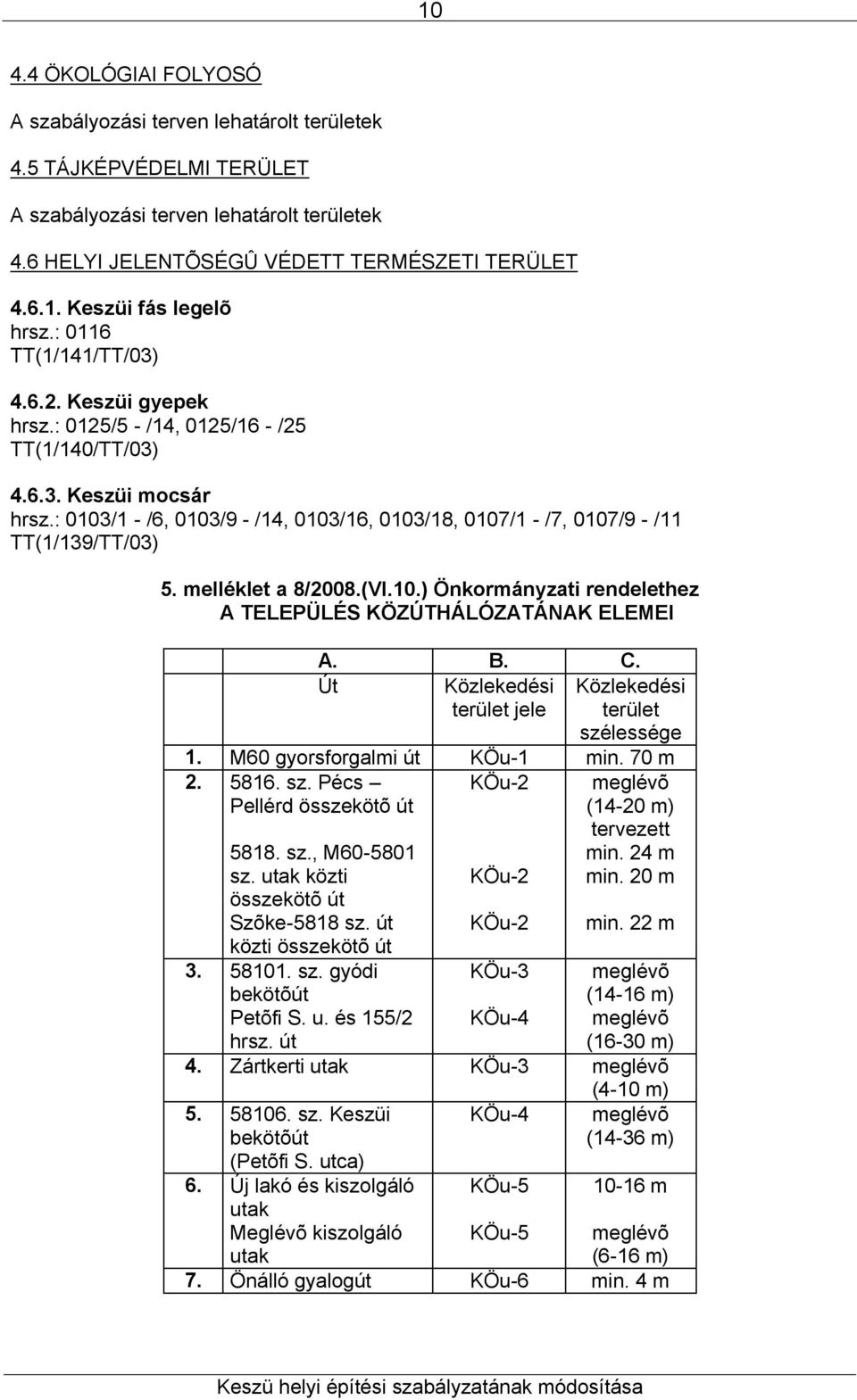 : 0103/1 - /6, 0103/9 - /14, 0103/16, 0103/18, 0107/1 - /7, 0107/9 - /11 TT(1/139/TT/03) 5. melléklet a 8/2008.(Vl.10.) Önkormányzati rendelethez A TELEPÜLÉS KÖZÚTHÁLÓZATÁNAK ELEMEI A. B. C.
