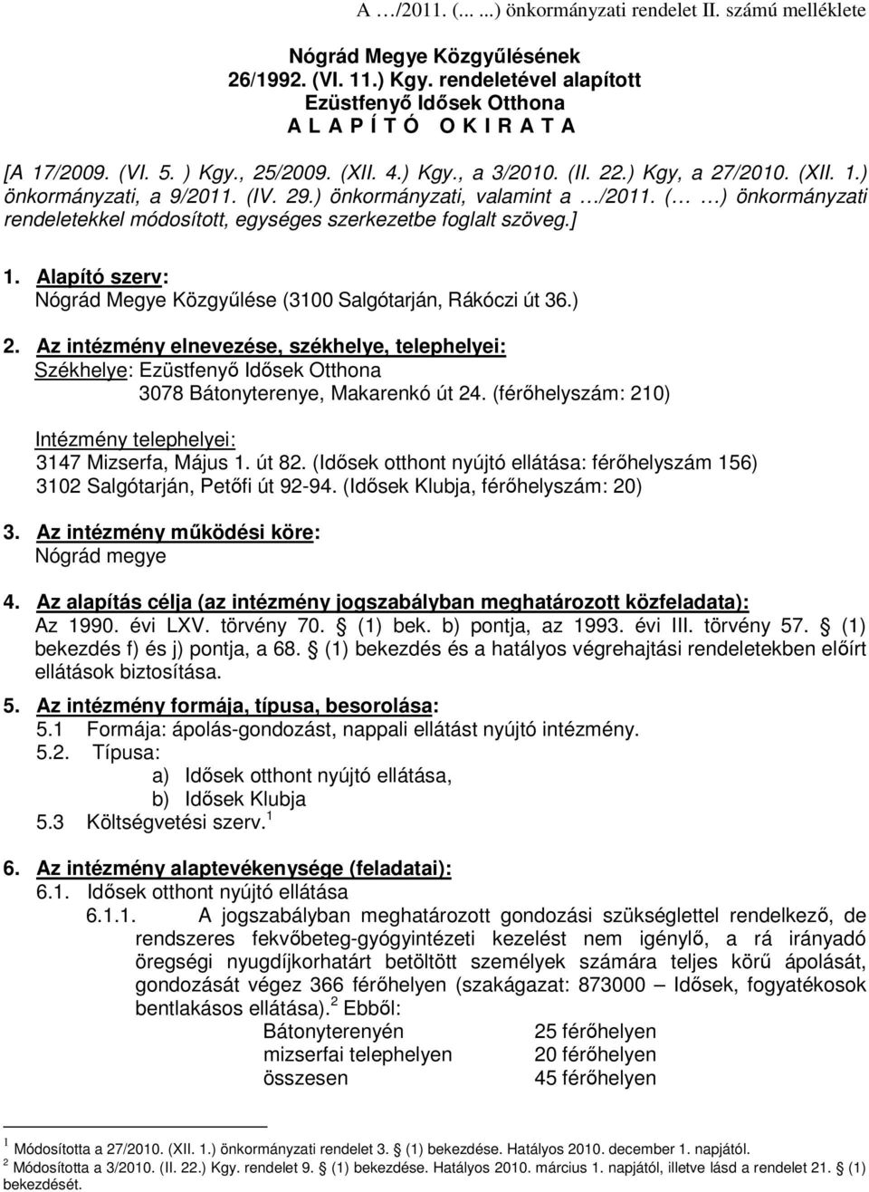 (IV. 29.) önkormányzati, valamint a /2011. ( ) önkormányzati rendeletekkel módosított, egységes szerkezetbe foglalt szöveg.] 1. Alapító szerv: Nógrád Megye Közgyűlése (3100 Salgótarján, Rákóczi út 36.