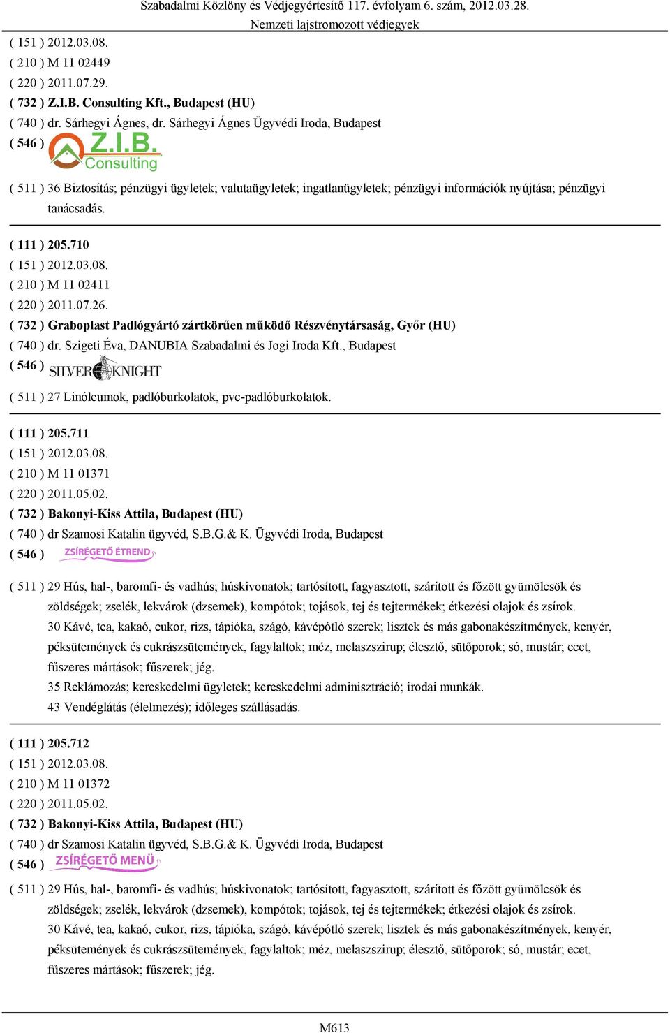 710 ( 210 ) M 11 02411 ( 220 ) 2011.07.26. ( 732 ) Graboplast Padlógyártó zártkörűen működő Részvénytársaság, Győr (HU) ( 511 ) 27 Linóleumok, padlóburkolatok, pvc-padlóburkolatok. ( 111 ) 205.