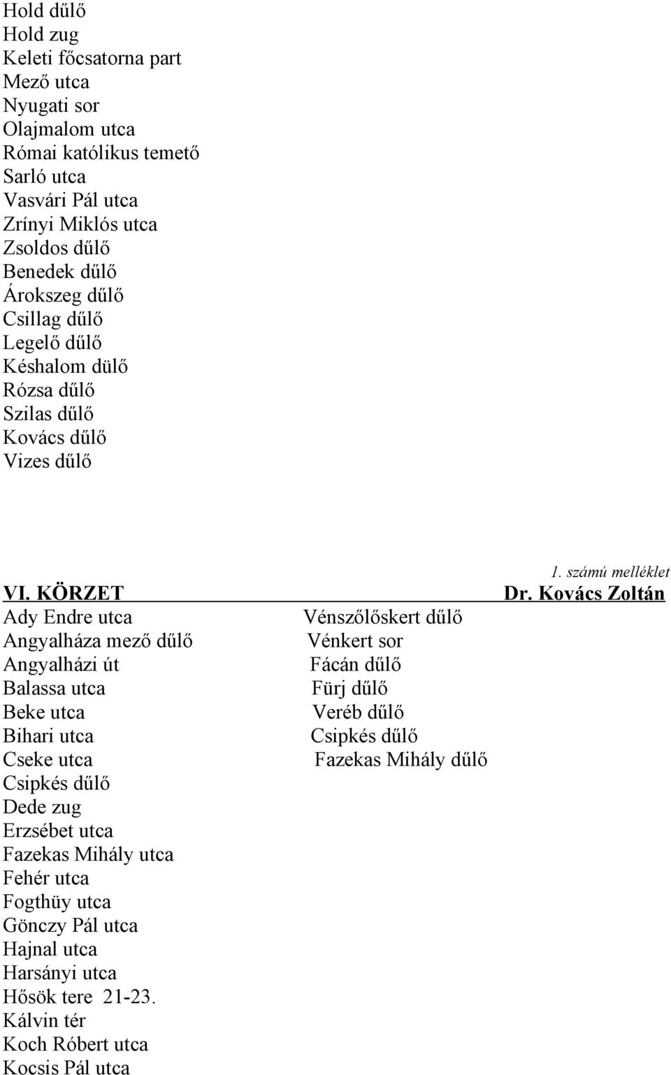 KÖRZET Ady Endre utca Angyalháza mező dűlő Angyalházi út Balassa utca Beke utca Bihari utca Cseke utca Csipkés dűlő Dede zug Erzsébet utca Fazekas Mihály utca Fehér utca