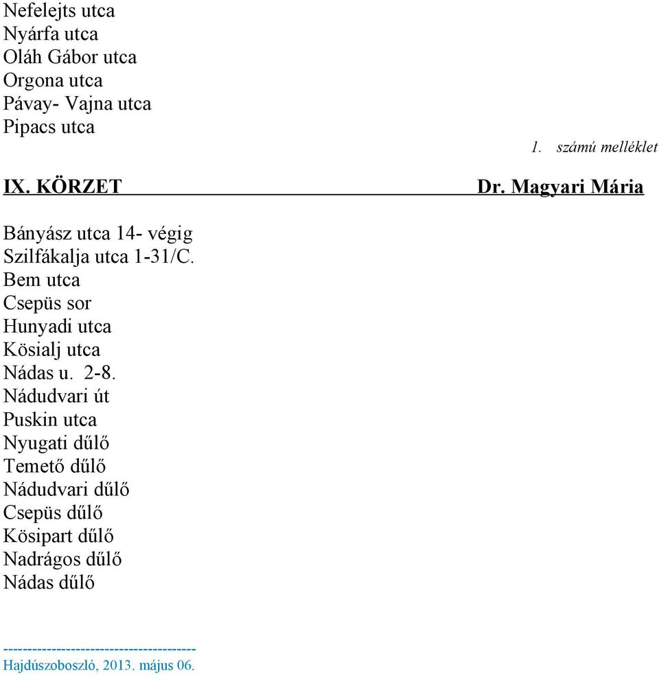 Bem utca Csepüs sor Hunyadi utca Kösialj utca Nádas u. 2-8.