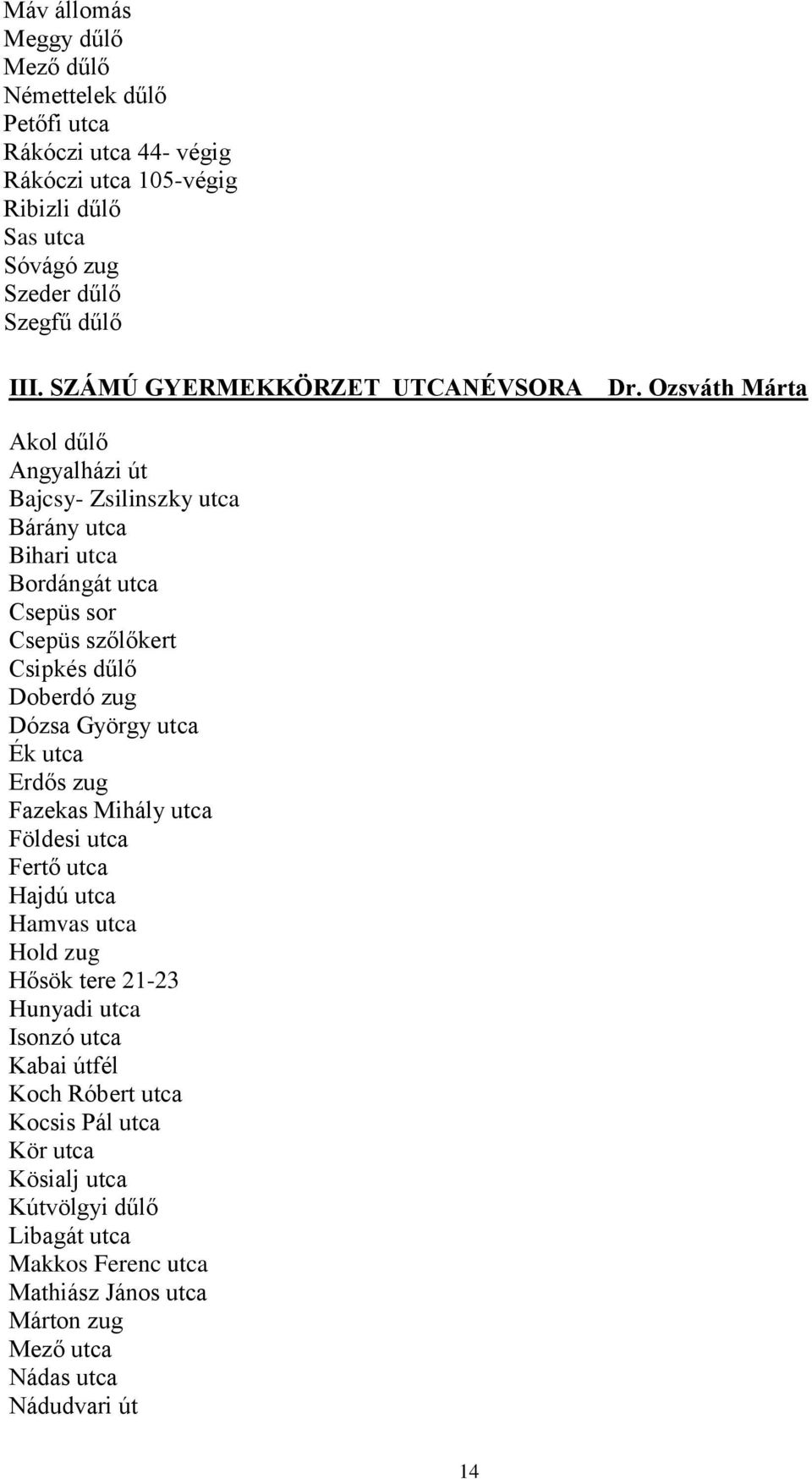 Ozsváth Márta Akol dűlő Angyalházi út Bajcsy- Zsilinszky utca Bárány utca Bihari utca Bordángát utca Csepüs sor Csepüs szőlőkert Csipkés dűlő Doberdó zug Dózsa György utca