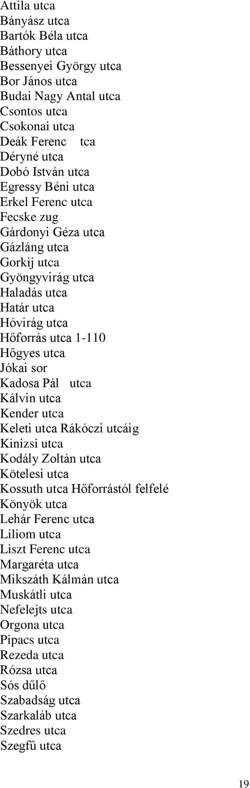 Kadosa Pálutca Kálvin utca Kender utca Keleti utca Rákóczi utcáig Kinizsi utca Kodály Zoltán utca Kötelesi utca Kossuth utca Hőforrástól felfelé Könyök utca Lehár Ferenc utca Liliom utca