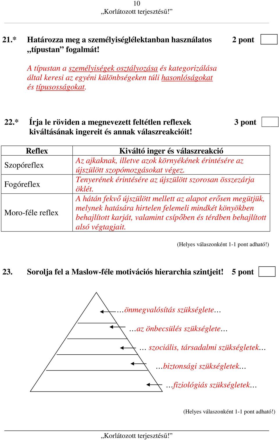 * Írja le röviden a megnevezett feltétlen reflexek 3 pont kiváltásának ingereit és annak válaszreakcióit!