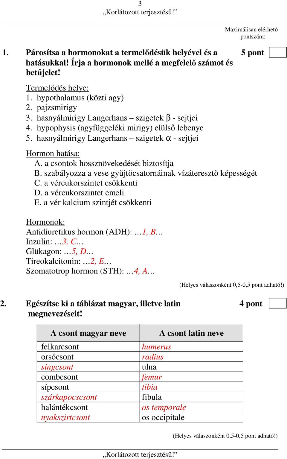 hasnyálmirigy Langerhans szigetek α - sejtjei Hormon hatása: A. a csontok hossznövekedését biztosítja B. szabályozza a vese gyűjtőcsatornáinak vízáteresztő képességét C. a vércukorszintet csökkenti D.