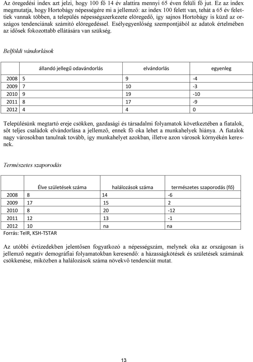 küzd az országos tendenciának számító elöregedéssel. Esélyegyenlőség szempontjából az adatok értelmében az idősek fokozottabb ellátására van szükség.