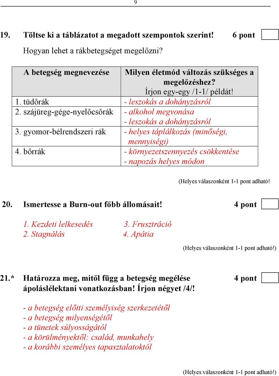 gyomor-bélrendszeri rák - helyes táplálkozás (minıségi, mennyiségi) 4. bırrák - környezetszennyezés csökkentése - napozás helyes módon (Helyes válaszonként 1-1 pont adható! 20.