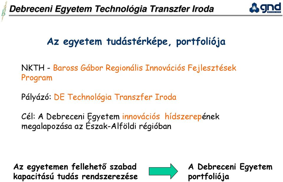 Egyetem innovációs hídszerepének megalapozása az Észak-Alföldi régióban Az