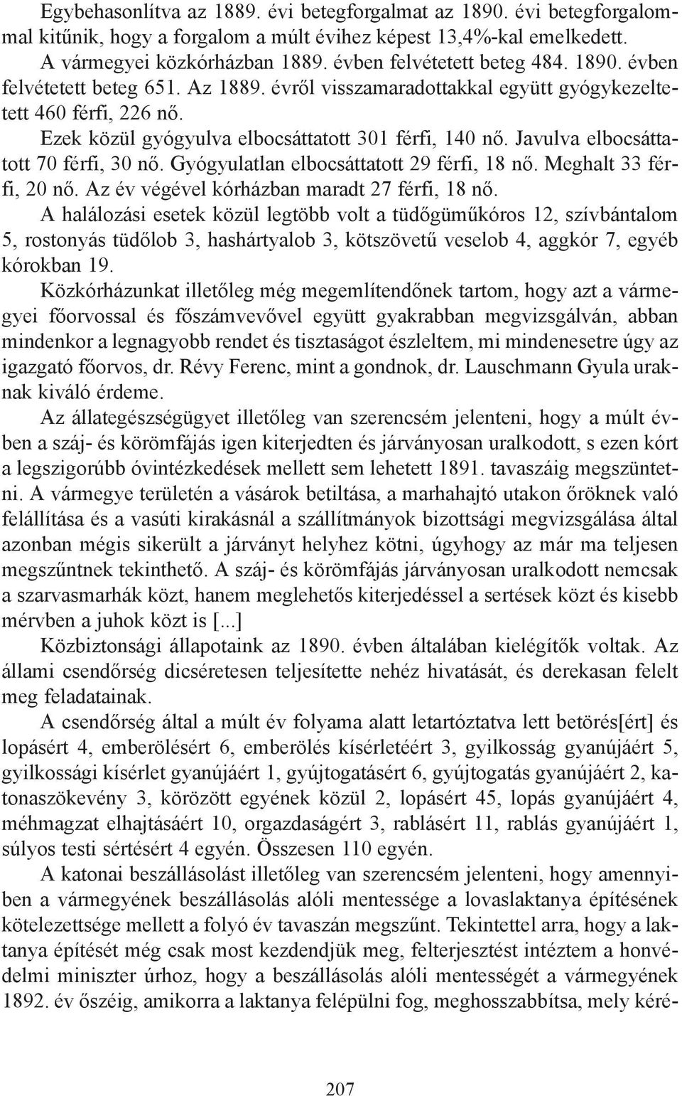 Javulva elbocsáttatott 70 férfi, 30 nő. Gyógyulatlan elbocsáttatott 29 férfi, 18 nő. Meghalt 33 férfi, 20 nő. Az év végével kórházban maradt 27 férfi, 18 nő.