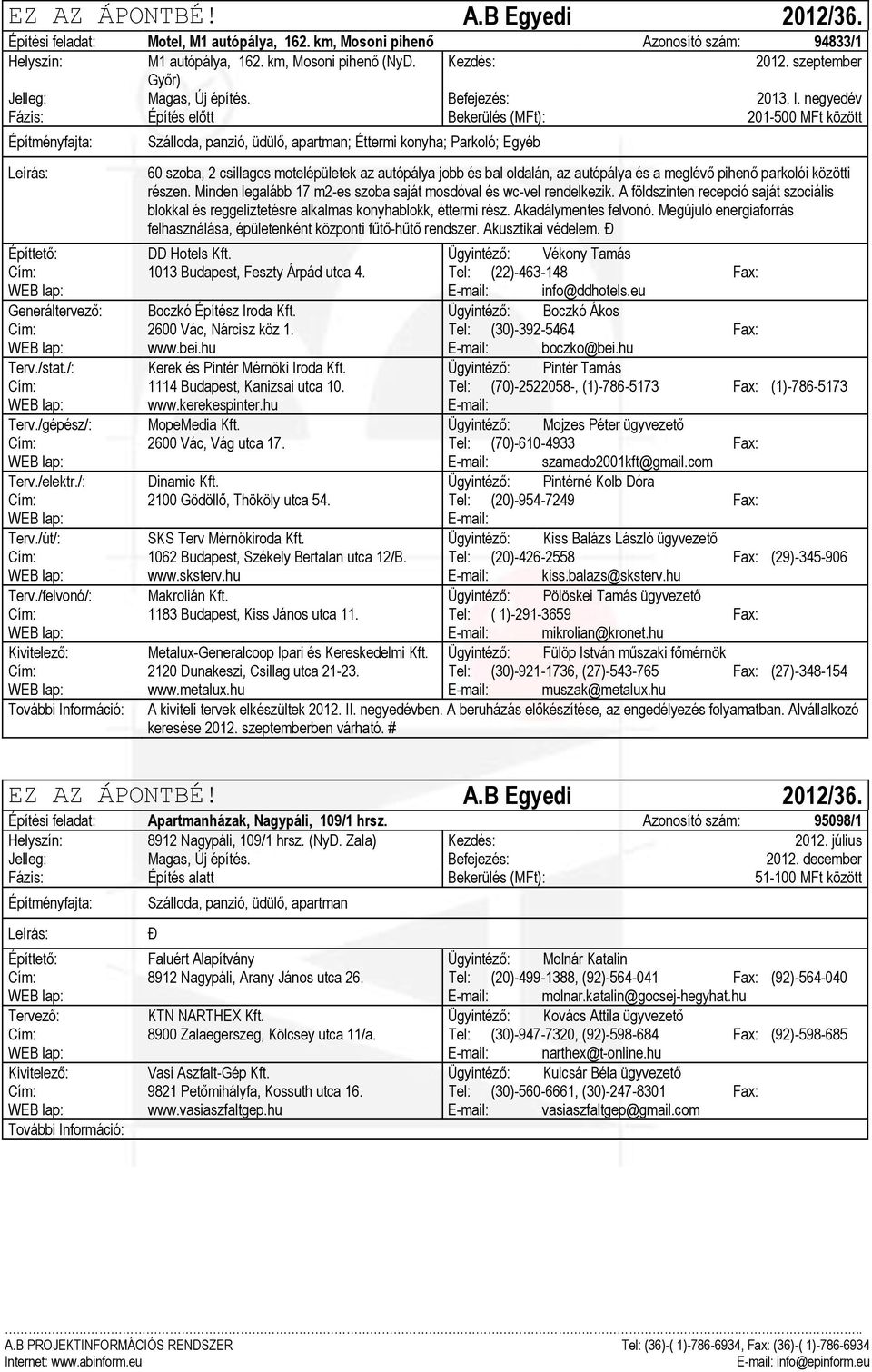 negyedév Fázis: Építés előtt Bekerülés (MFt): 201-500 MFt között Szálloda, panzió, üdülő, apartman; Éttermi konyha; Parkoló; Egyéb 60 szoba, 2 csillagos motelépületek az autópálya jobb és bal