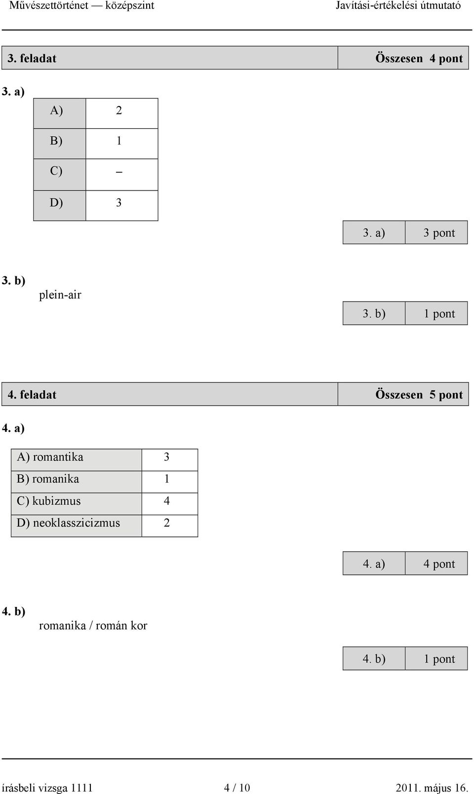 a) A) romantika 3 B) romanika 1 C) kubizmus 4 D) neoklasszicizmus 2 4.