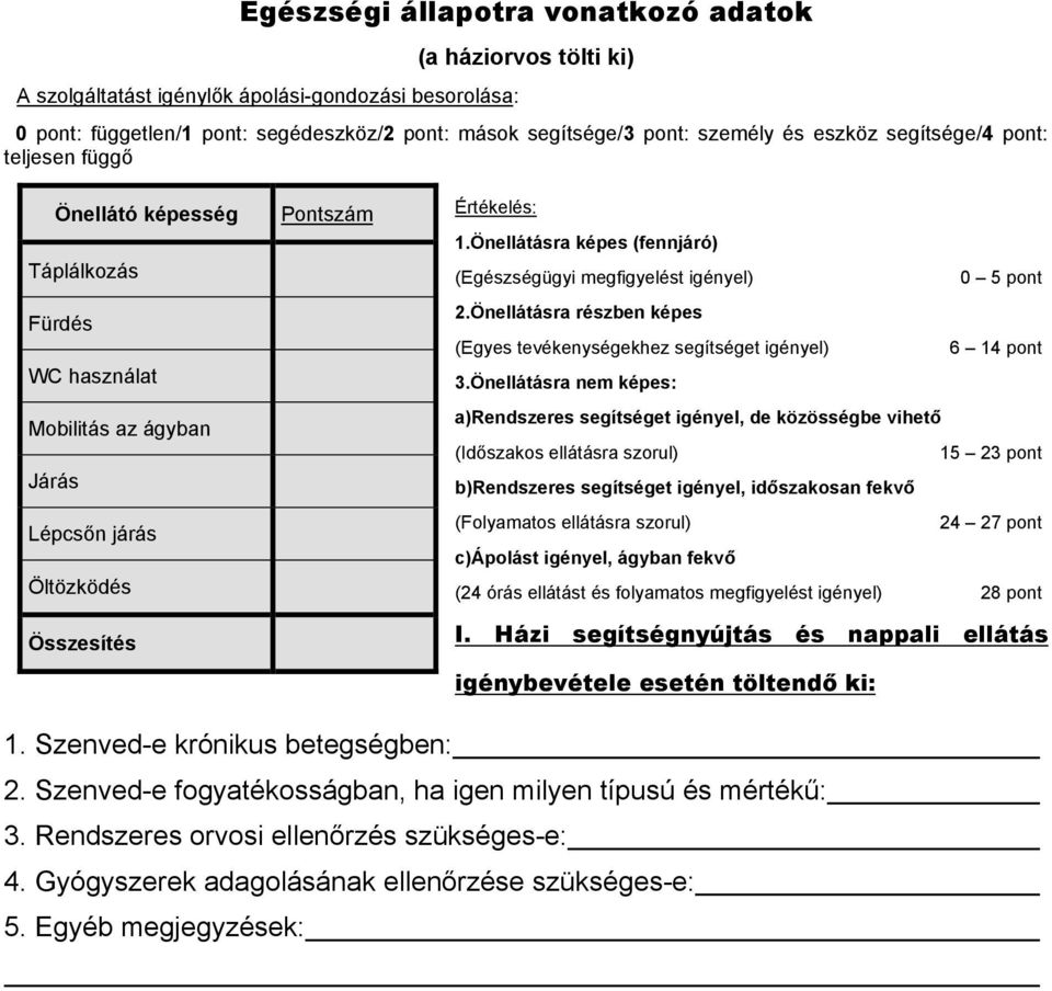 Önellátásra képes (fennjáró) (Egészségügyi megfigyelést igényel) 0 5 pont 2.Önellátásra részben képes (Egyes tevékenységekhez segítséget igényel) 6 14 pont 3.