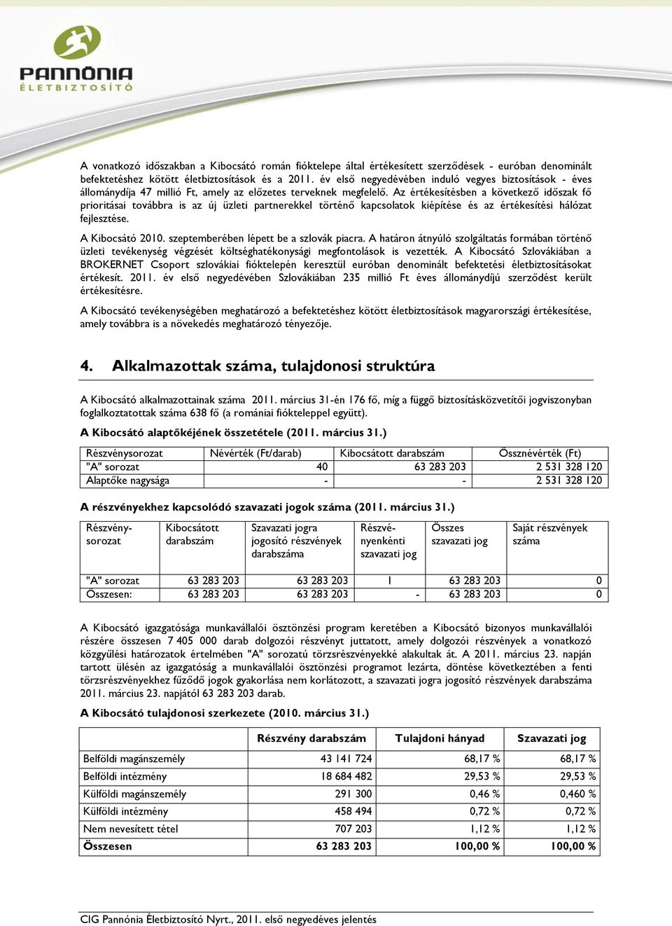 Az értékesítésben a következő időszak fő prioritásai továbbra is az új üzleti partnerekkel történő kapcsolatok kiépítése és az értékesítési hálózat fejlesztése. A Kibocsátó 2010.