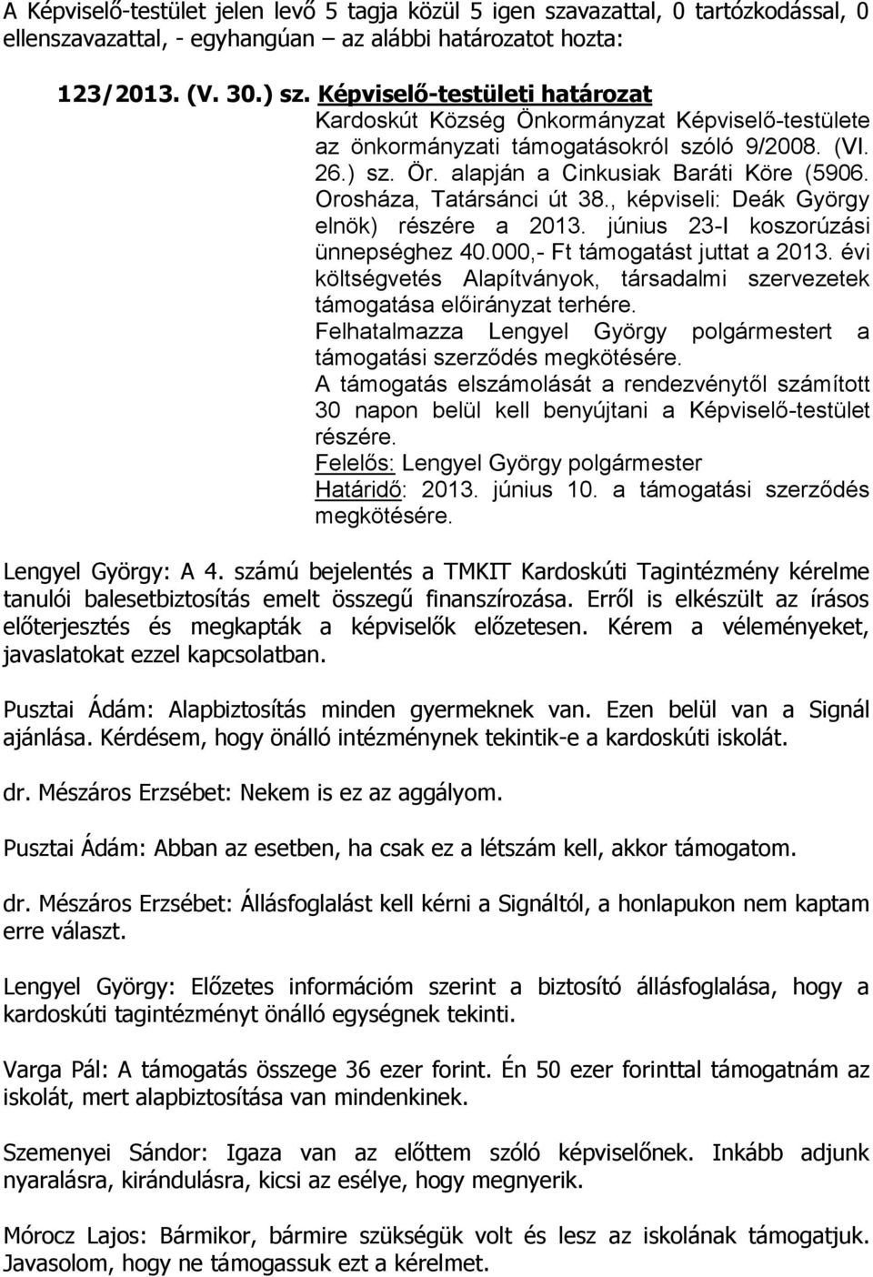 , képviseli: Deák György elnök) részére a 2013. június 23-I koszorúzási ünnepséghez 40.000,- Ft támogatást juttat a 2013.