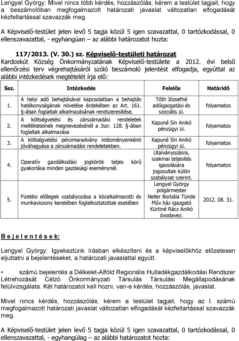 Képviselő-testületi határozat Kardoskút Község Önkormányzatának a 2012.