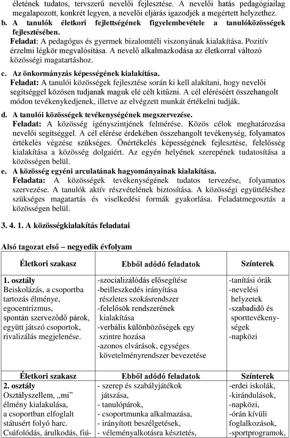 A nevelő alkalmazkodása az életkorral változó közösségi magatartáshoz. c. Az önkormányzás képességének kialakítása.